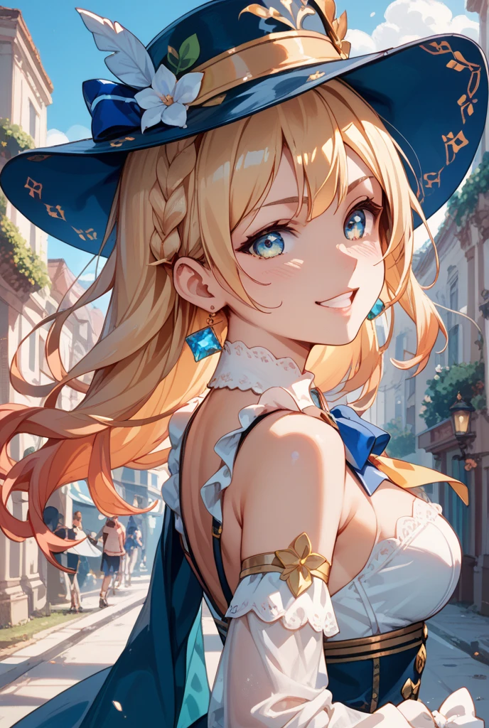 1girl, solo focus, breasts, witch hat, blue dress, jewelry, white gloves, green eyes, bangs, multicolored hair, blonde hair, pink hair, braid, demia duodectetbuildings, street