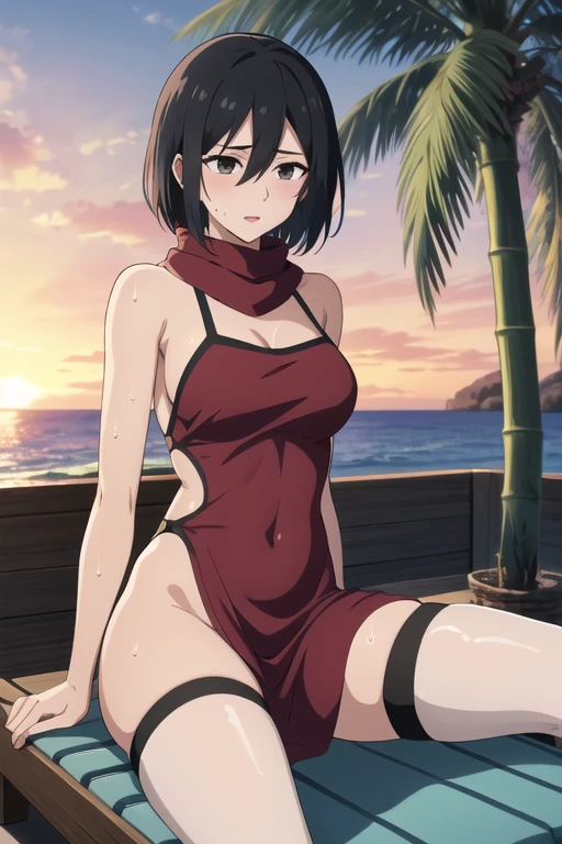 (masterpiece), (best quality), asaemon_sagiri, 1girl, solo, long_hair, black_hair, hair_between_eyes, brown_eyes, ponytail, sidelocks, high_ponytail, breasts, looking_at_viewer, blushed smile, large_breasts, cleavage, bare_shoulders, sitting, sitting on rock, collarbone, crossed_legs, black underwear, from_below, breasts, large breasts, big breasts, huge breasts, big tits, giant breasts, small bikini, bikini, white bikini, bare shoulders, bare arms, beach, ocean, underboob, island background
