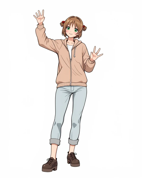 pretty girl, Beautiful hair, casual, Minimalist clothes, full body, clothes Kawaii ,Cute bangs,, comfortable clothing, anime manga, Female,blouse, High Quality, jacket, winter colors , Simple , invernam outfit, astetic , smile, 5 fingers, , super casual