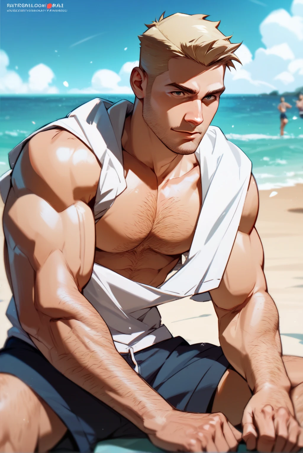 ((42 year old man on the beach))((Gentlemanly man)),(((Sea of night))((Hairy))((Lower body swimwear is a sexy swimsuit)))(((Naked from the waist up)))((chest hair))((((Buzz Cut))))((good looking))A little muscular,,(Detailed eyes:1.3),Eyes are black,Esbian all over,