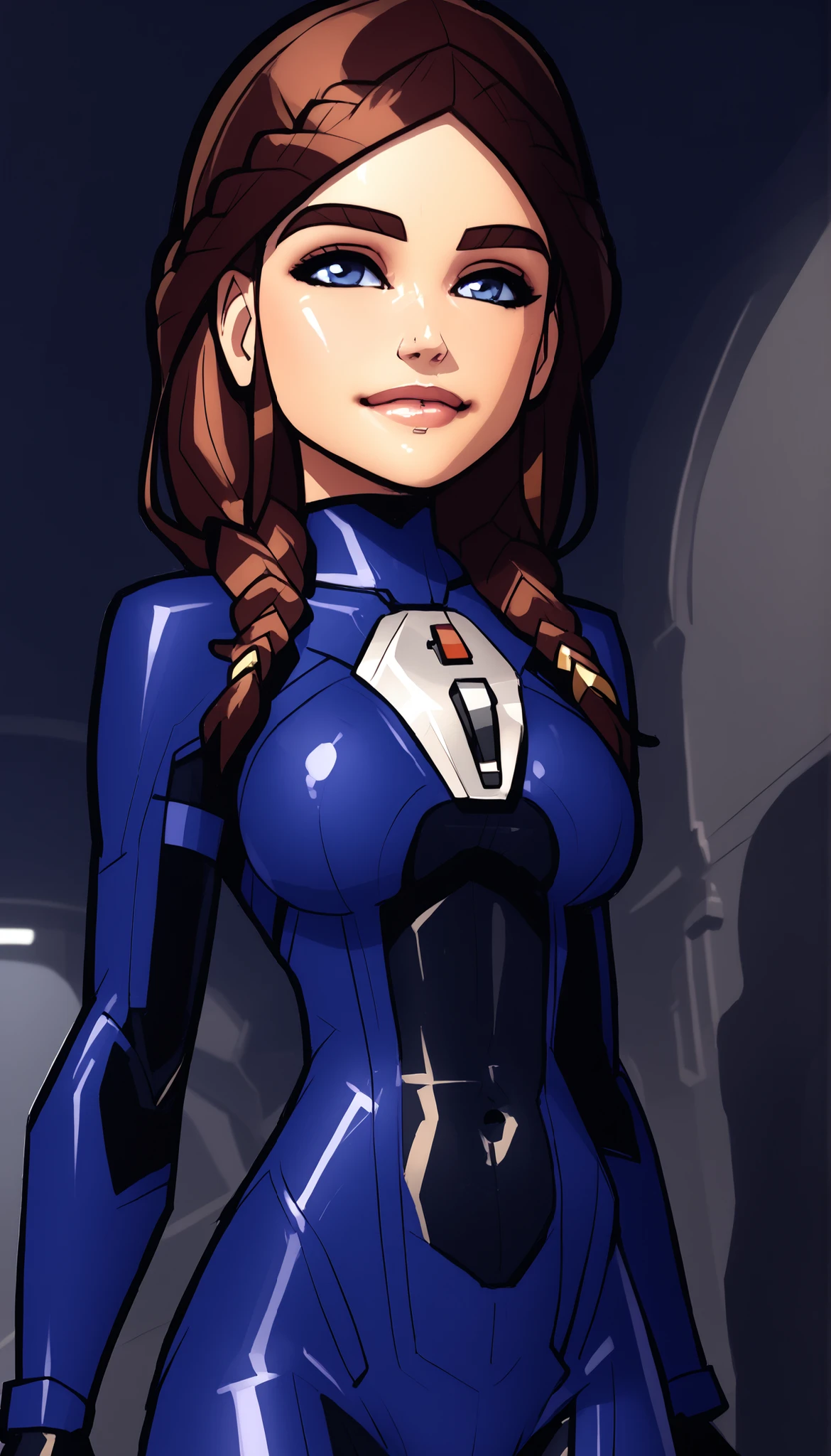 beautiful amazing 3D render, score_9, score_8_up, score_7_up, super low angle, plugsuit, underangle, intently looking down at viewer, 1girl, Kawaii face, Alia Atreides, very-detailed face, flawless face detail, illustrious, large breasts, walking, in stride, beautifully-detailed , dark background, particles, glossy skin, shiny skin, glistening skin, parted lips, natural lips, young female, short body, solo, brown hair, long hair, front-parted hair, hair to the sides, fancy braids, elegant braids, blue eyes, center pupils, lips, leaning-forward suggestively, slightly sinister facial expression, front view, in the style of David Balsamique,, heavily-outlined, thick lines, dark outline, black outline, dramatic shading, dramatic shadows, short torso, short midriff, superb underlighting, lighting by Thomas Kinkade, plotting, snobby, snooty, proud, malicious, hopeful, best of the best, Face slightly like Jennifer Lawrence, high-tech suit, focus on making her eyes stand-out and make them very-very-beautiful. alluring, a certain allure, the prettiest eyes, just enlisted, futuristic military,