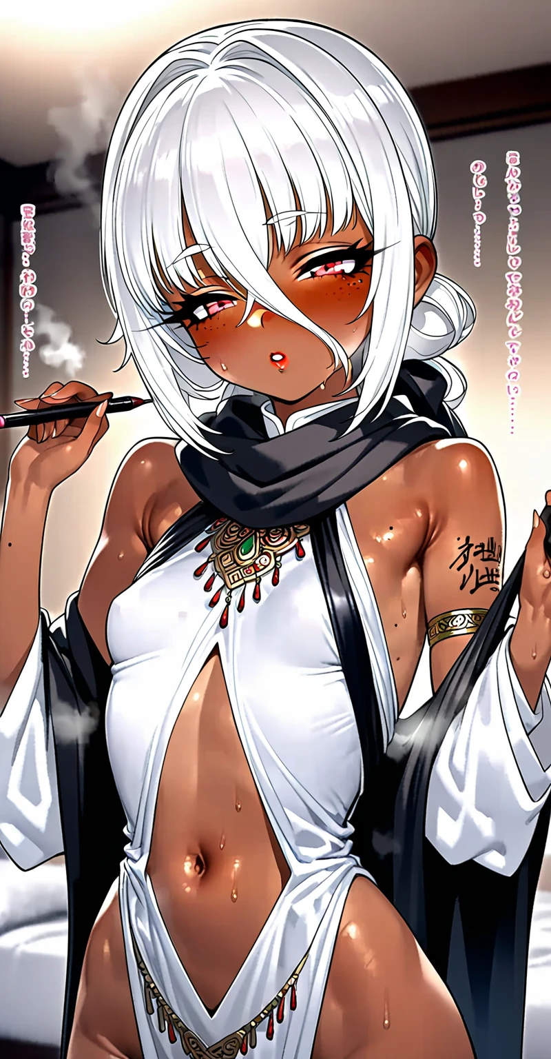 (dark skin,Silver Hair,Fox Girl),(Perfectly detailed face),(Young) ,((kimono)),((loincloth)),shrine,noon,sweaty,Smirk,High resolution, masterpiece, Highest quality, High resolution, Cowboy Shot