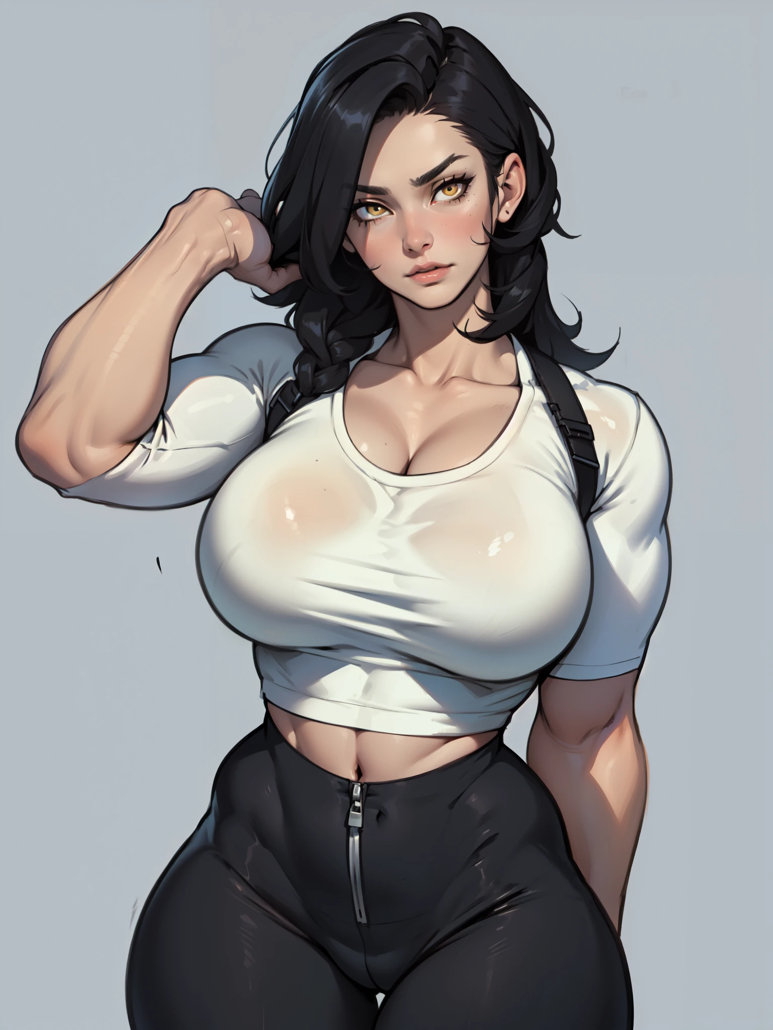 slender girl thick muscular girl black hair yellow eyes pale skin sad girl sad