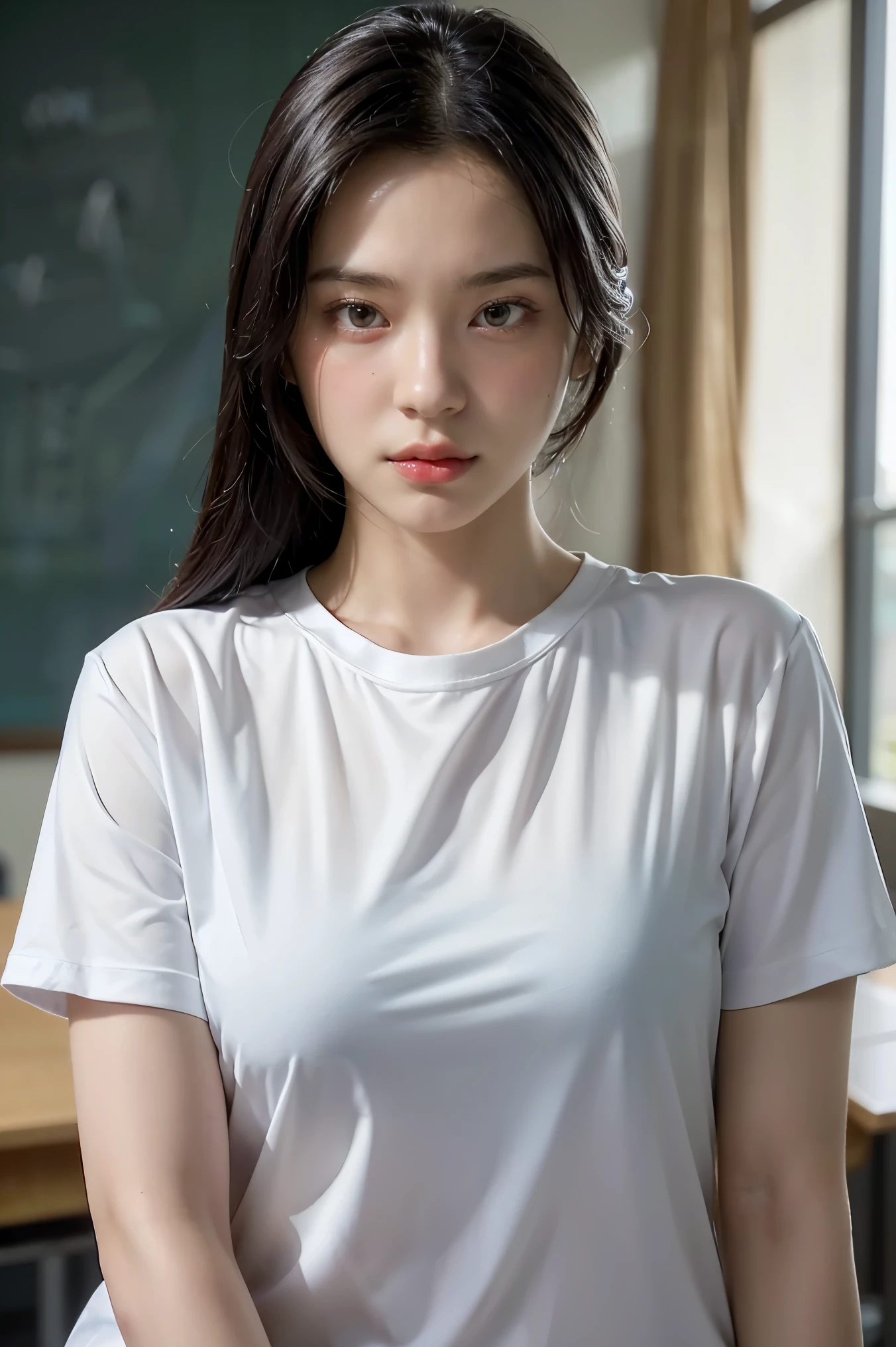 1 girl, ภาพช็อตของ re4ashley, About sports, black , white shirt, classroom, Volumetric light, best quality, Masterpiece, complicated details, Tone mapping, Sharp focus, There are too many details., Trending on artstation, realistic,