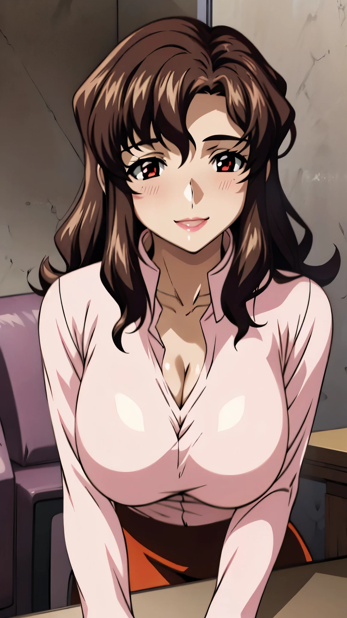 anime cels style, Aiko Katsuragi, best quality, high resolution, mature female, milf, 1girl, huge breasts, labcoat, makeup, lipstick, brown eyes, folded ponytail, brown hair, cleavage, perfect body, (gorgeous body:1.3), perfect eyes, perfect retina, eyeliner, eyeshadow, perfect face, (caring look:1.1), smile, look at viewer, (vulgarity:1.4), (nose blush:1.2), happy, open mouth,, tongue out high sharpness, sharp focus, medical room, professional artwork, intricate details, vivid colors, Diffused lighting, digital blending, ultra detailed body, ultra detailed hair, ultra detailed face, trending on pixiv