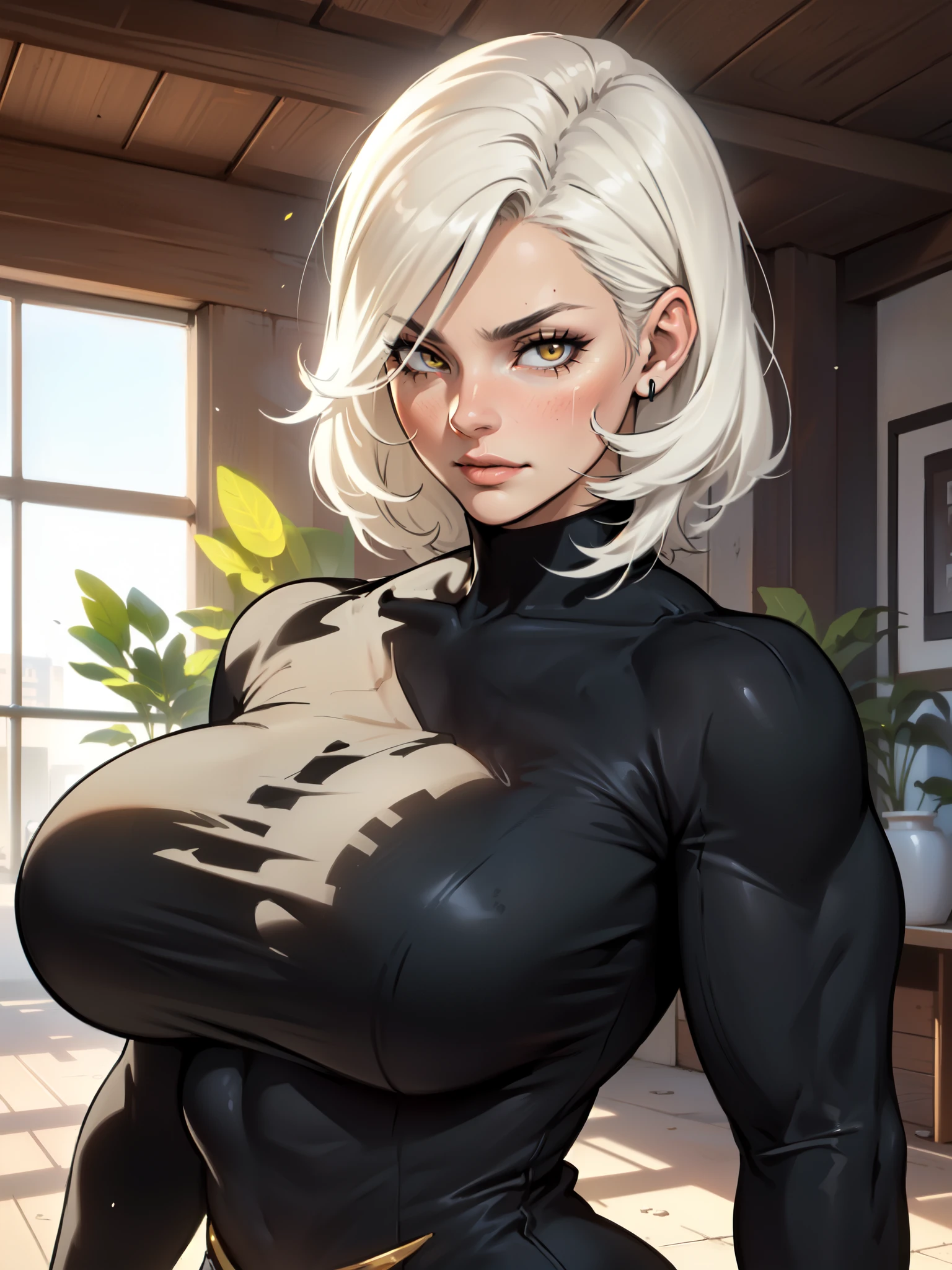 masterpiece, extremely detailed, (fractal art: 1.3), highest detailed, (1girl) (upper body Integra Hellsing cross bet blindfold) focus, upper body, HDR, ), vivid visual effects, (dynamic stripes, luminous traces: 1.2), abs, muscular, ass, ass focus. looking at viewer, sitting at a office table, office, dominant, annoyed expression, frustrated, sitting, huge breasts, boob window, big knockers, detailed face, perfect face, wearing overall jumpsuit, overall jumpsuit showing shaved armpits