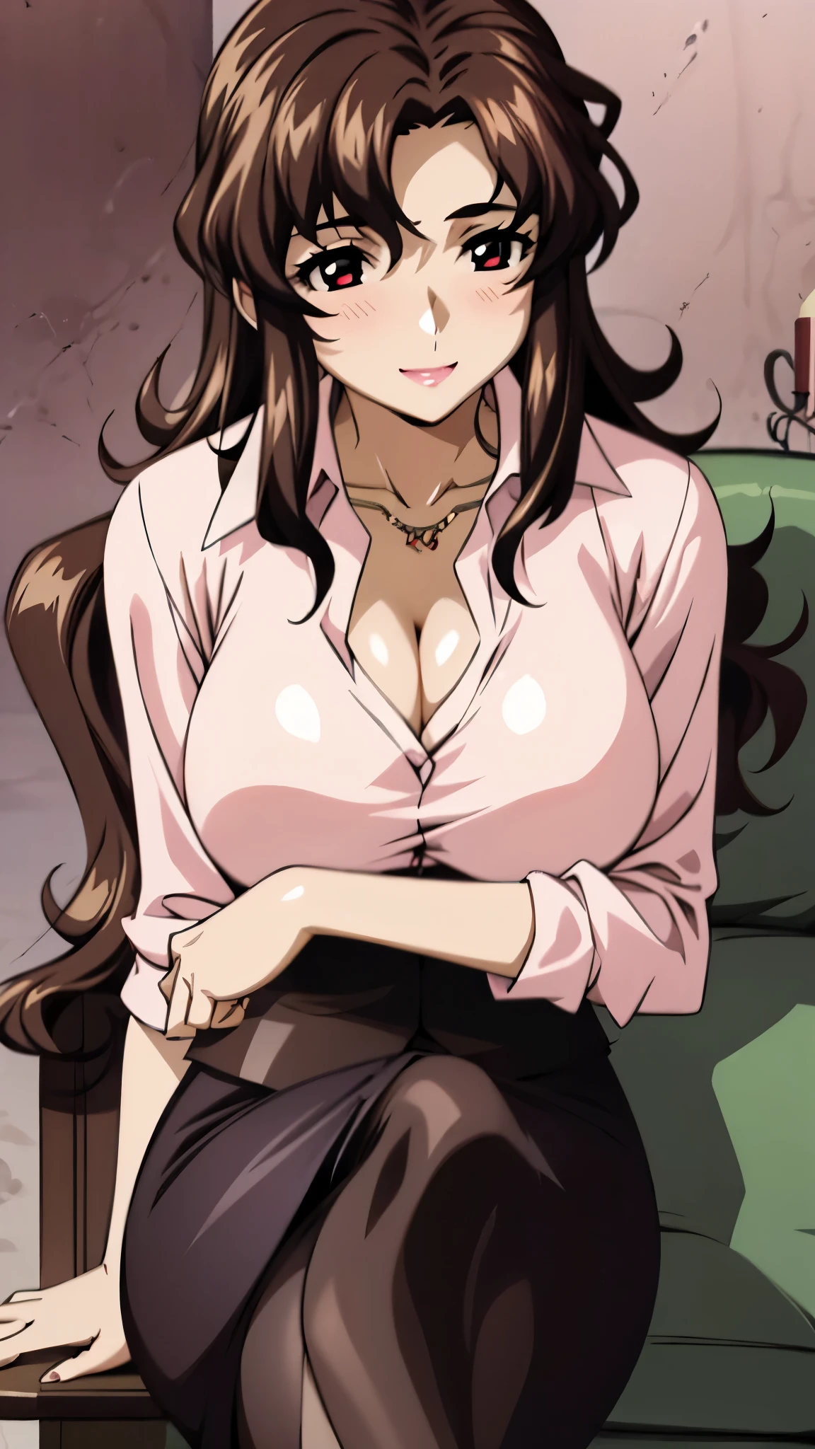 (SUPER QUALITY,super high resolution,16k,super masterpiece, ,detailed shading and background,)sexy mature woman,long brown hair,Pink shirt with a large collar and straight sleeves,red pencil skirt,cleavage,necklace,Big Breasts,blush,with a maternal smile,Glossy, thick lips,living room,sit on the sofa,