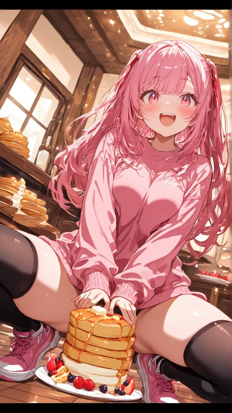 One young and beautiful woman,(Highest quality,Extremely detailed depiction,Incredibly absurd high resolution,Anatomically accurate depiction,Nice hands,Perfect Fingers,Curvy Legs),(Glowing Skin,Glossのある肌),(Sexy Idol),(Idol Costumes,Cute hairstyle,tights,Choker of Hearts,boots,Gloss),eyelash,(Pink Eyes,There is cleavage in the chest,Glossのある口紅,Mouth open),Eating a donut with relish,whole body,background:Inside the cafe