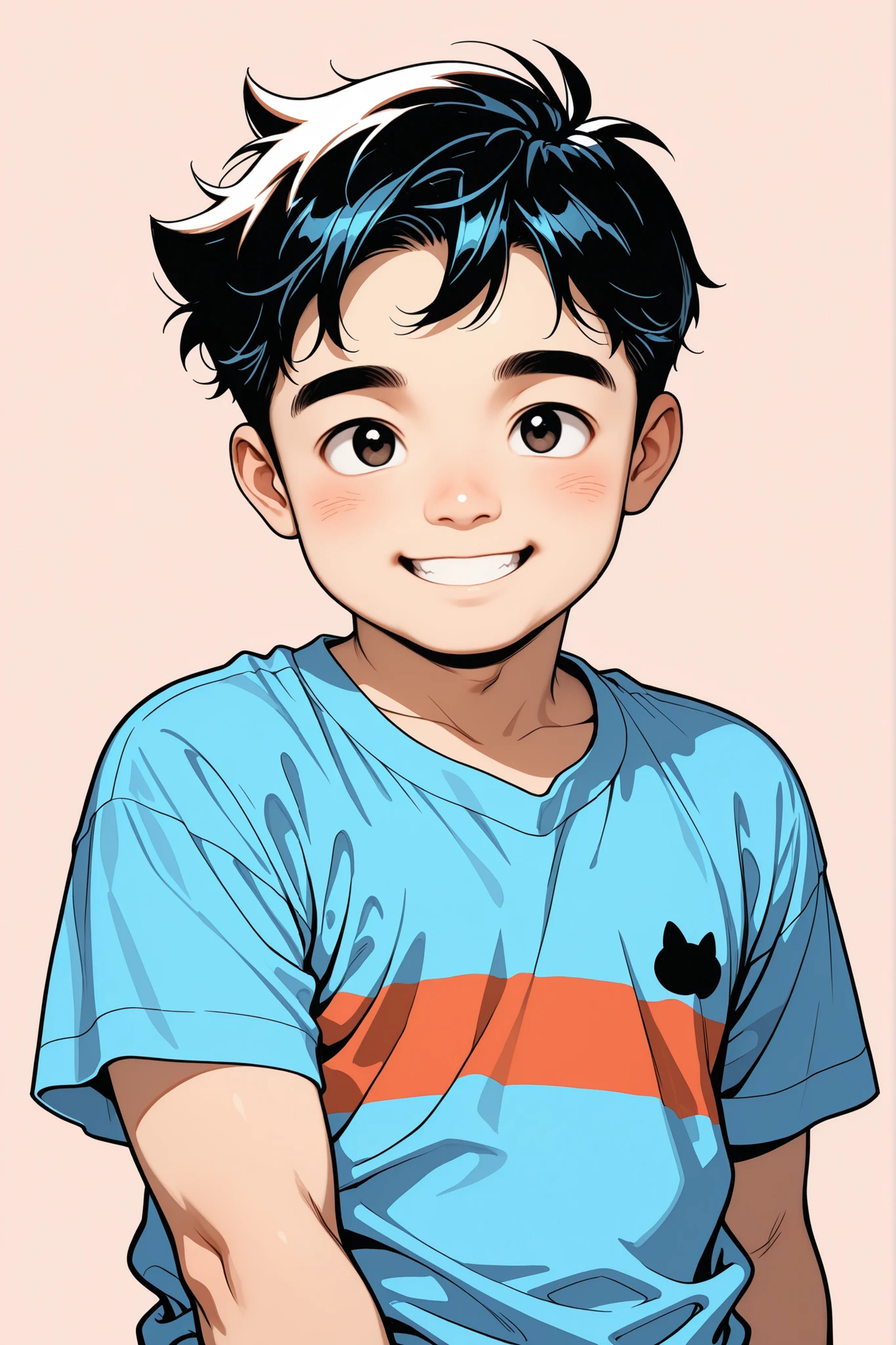 high quality, no background, smile, chubby Korean elementary school boy, blue shirt, portrait, Bust shot