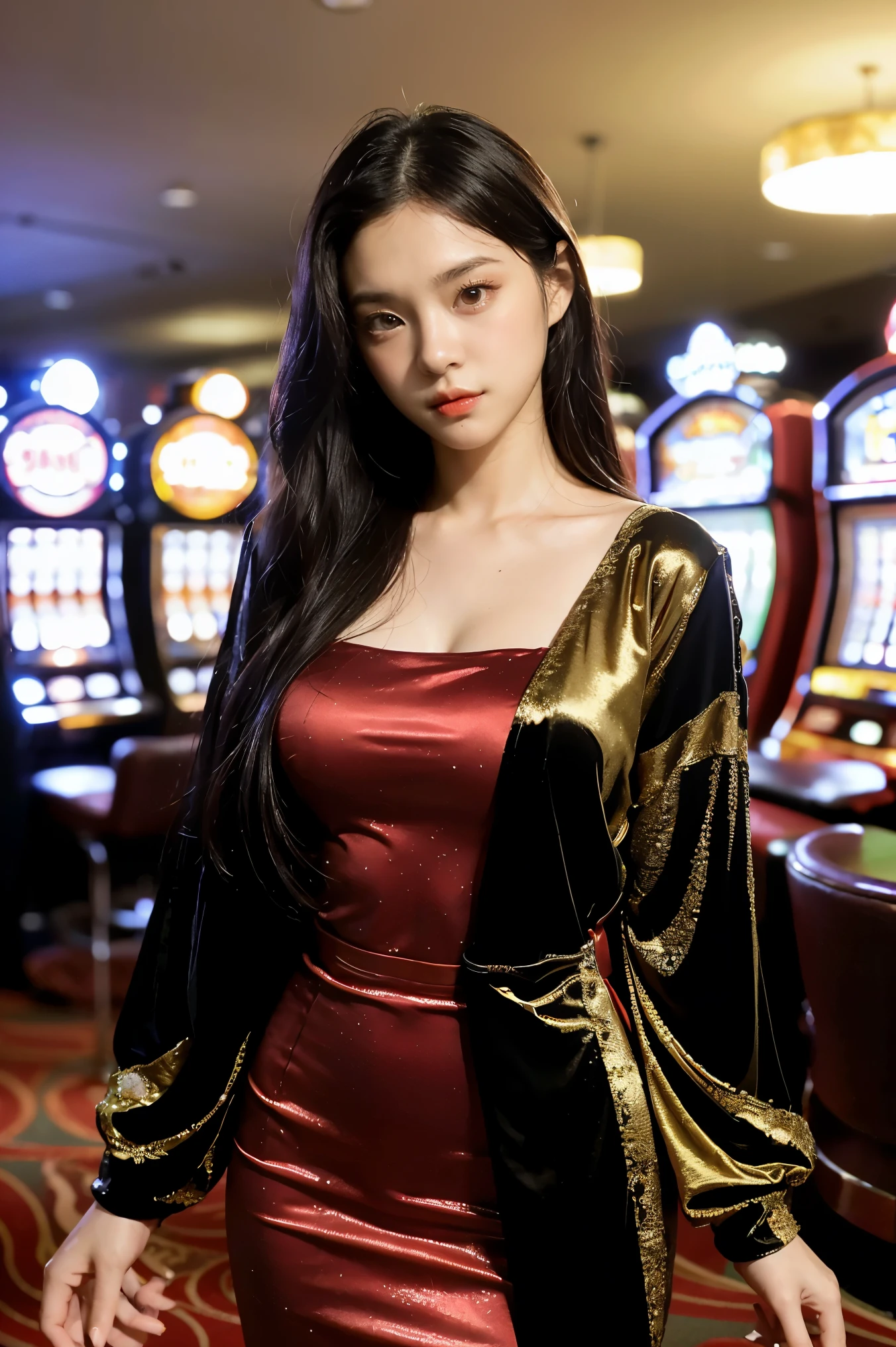 Classic Hollywood glamour.., A in a beautiful red evening gown, Amazing accessories, (Attractive eyes, red lips, beautiful, ผิวbeautifulไร้ที่ติ), luxurious backdrop, velvet curtains, amazing gesture, Interesting composition, spotlight illumination, rich shadow, shallow depth of field, Sparkling bokeh, exquisite details, high resolution, 35mm film, Timeless elegance. portrait photography, 35mm film, Naturally blurred, (random background,In casinos,VIP casino room, Modern Casino Console, Modern Slot Machines )