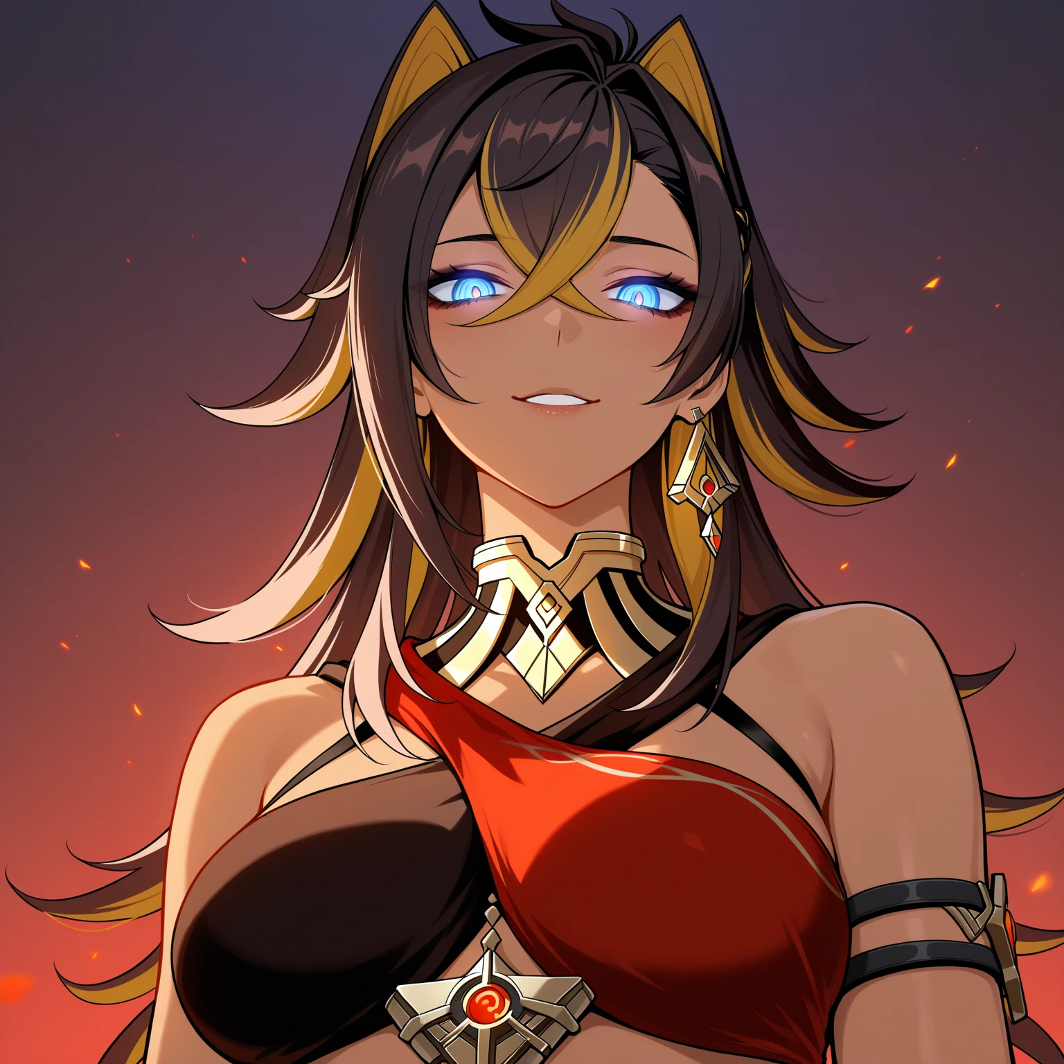 ((masterpiece)), (best quality:1.7), (detailed:1.4), (high res:1.4), 8k, (colorful:1.5), 2d, high resolution, sharped image, 4k, hd, dehya_genshin, 1girl, (((solo))), black hair, long hair, blue eyes, smile, middle body, big breasts, blonde bangs, cat ears, ((middle body)), black pants, shirt, navel, torn clothes, cowboy shot, (((jewelry))), black gloves, (((armor))), thighs, collarbone, official custome, armor choker, desert, cleavage, parted lips, streaked hair, midriff, hair intakes, dark-skinned female, halterneck, armlet, black gloves, ((criss-cross halter)), torn clothes, belt, (((armor armlet))), fingerless glove, two tones breasts, ((thighs)), angry, serious, close mouth, narrow eyes, eyeliner, ((looking at viewer)), red breasts, ((bare legs)), sunset, (((glove with claws))), hands on own hips, (((shoulders armor))), bracelet armor, belt armor, (earrings), gold chain, ornaments, ((partial blonde hair)), cape dividide in two, <lora:dehya_genshin:0.6>, <lora:thickerLinesanimeStyle:0.6>