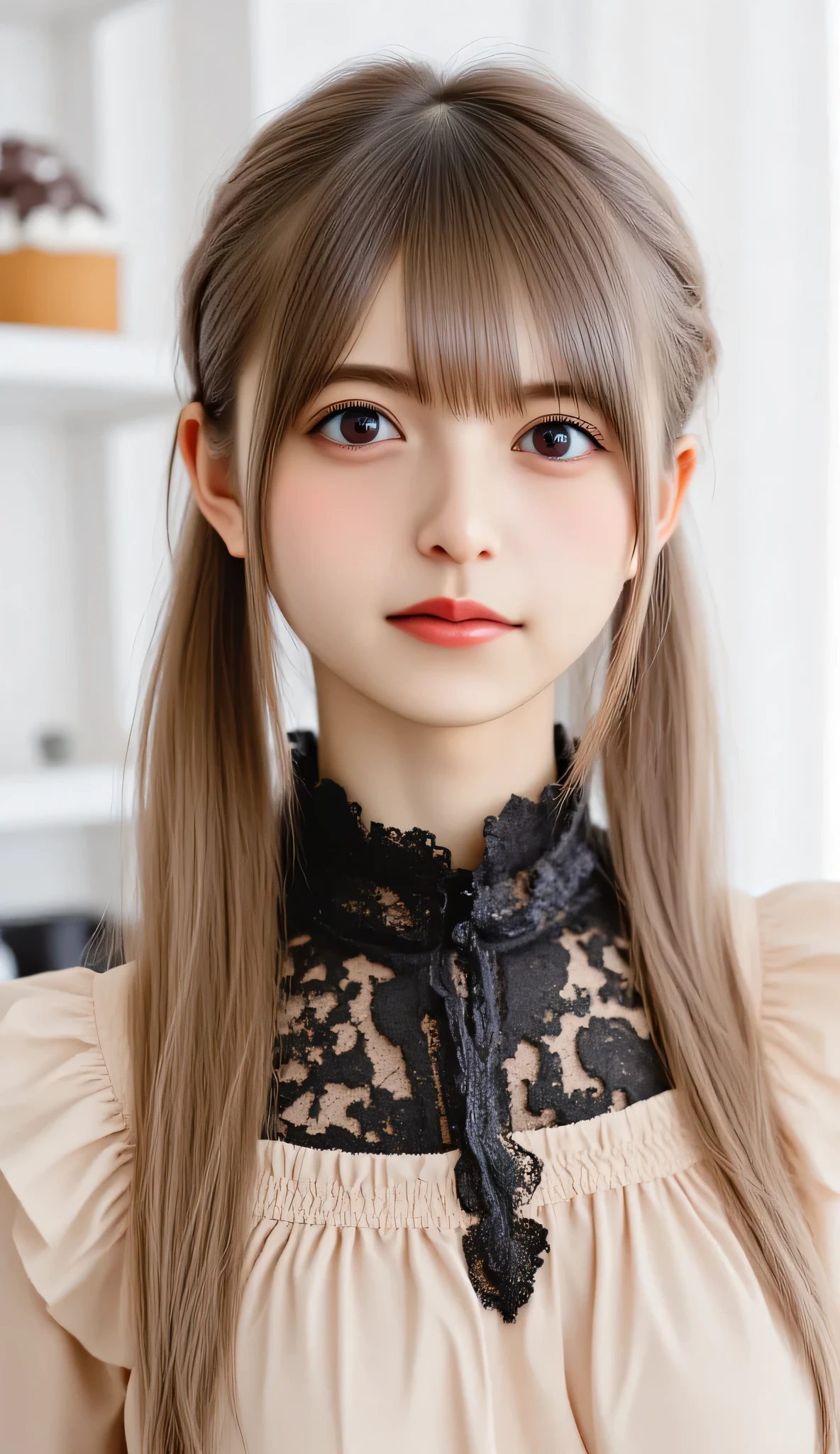 1 woman、Japanese woman、high resolution, masterpiece, anatomically correct, accurate, 最High Quality, High Quality, textured skin, cowboy shot, Portrait Photography, Aperture F2.8, ponytail, smiles, Hospital、 cafeteria、maid outfit、I'm taking orders、behind the counter、and there is a cake shelf above the counter