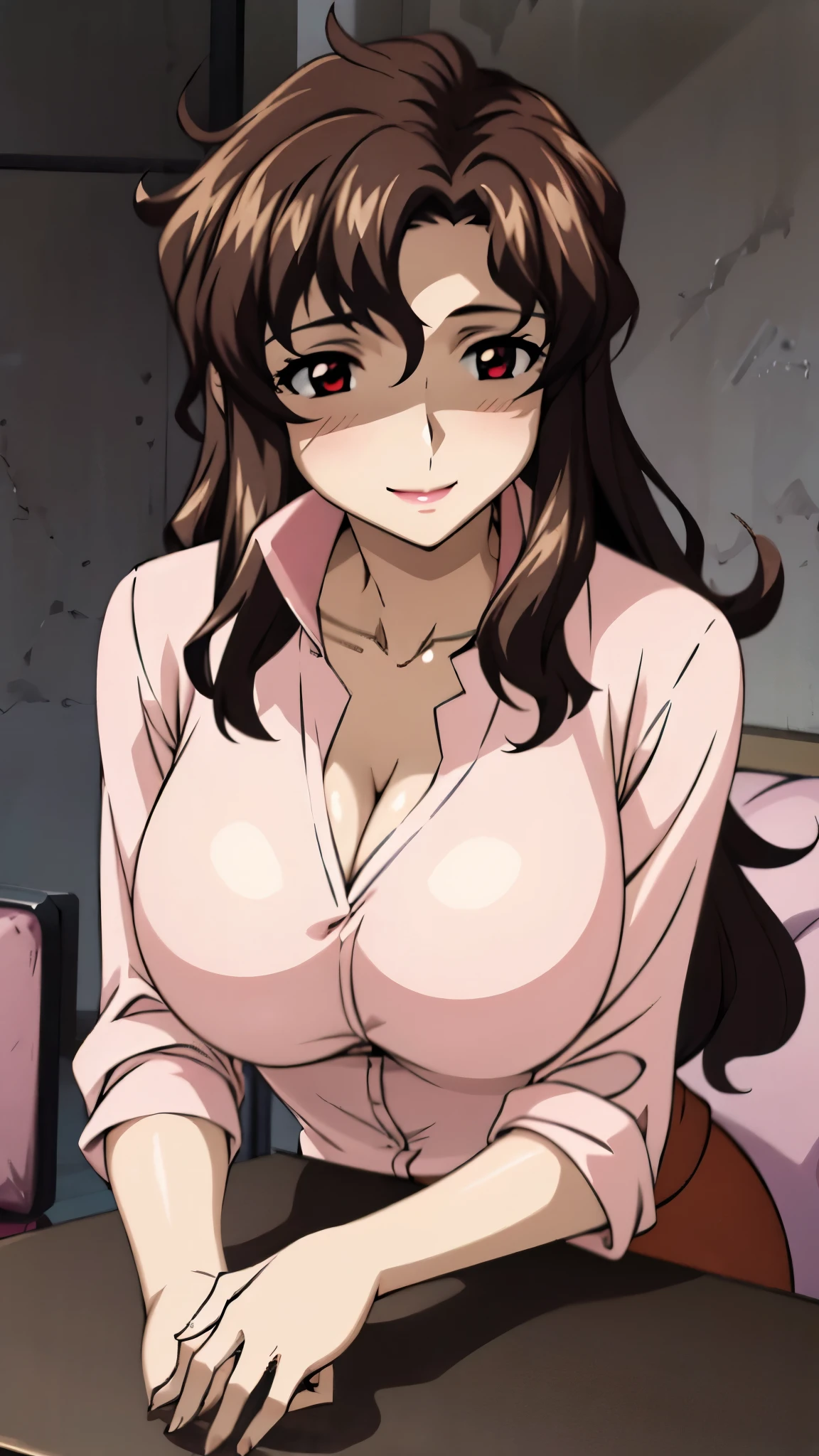 (SUPER QUALITY,super high resolution,16k,super masterpiece, ,detailed shading and background,)sexy mature woman,long brown hair,Pink shirt with a large collar and straight sleeves,red pencil skirt,cleavage,necklace,Big Breasts,blush,with a maternal smile,Glossy, thick lips,living room,sit on the sofa,