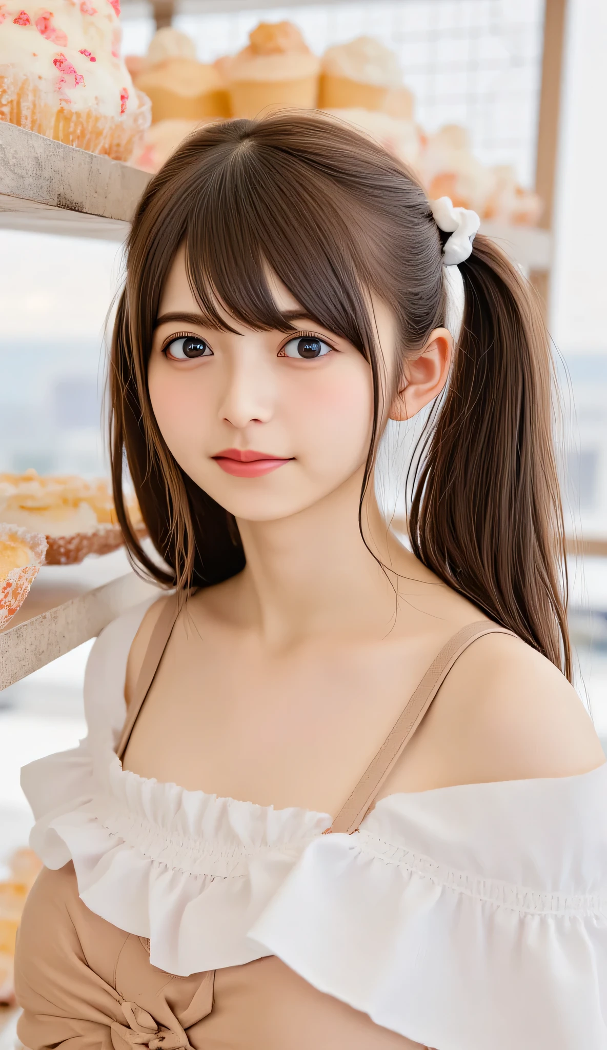 1 woman、Japanese woman、high resolution, masterpiece, anatomically correct, accurate, 最High Quality, High Quality, textured skin, cowboy shot, Portrait Photography, Aperture F2.8, ponytail, smiles, Hospital、 cafeteria、maid outfit、I'm taking orders、behind the counter、and there is a cake shelf above the counter