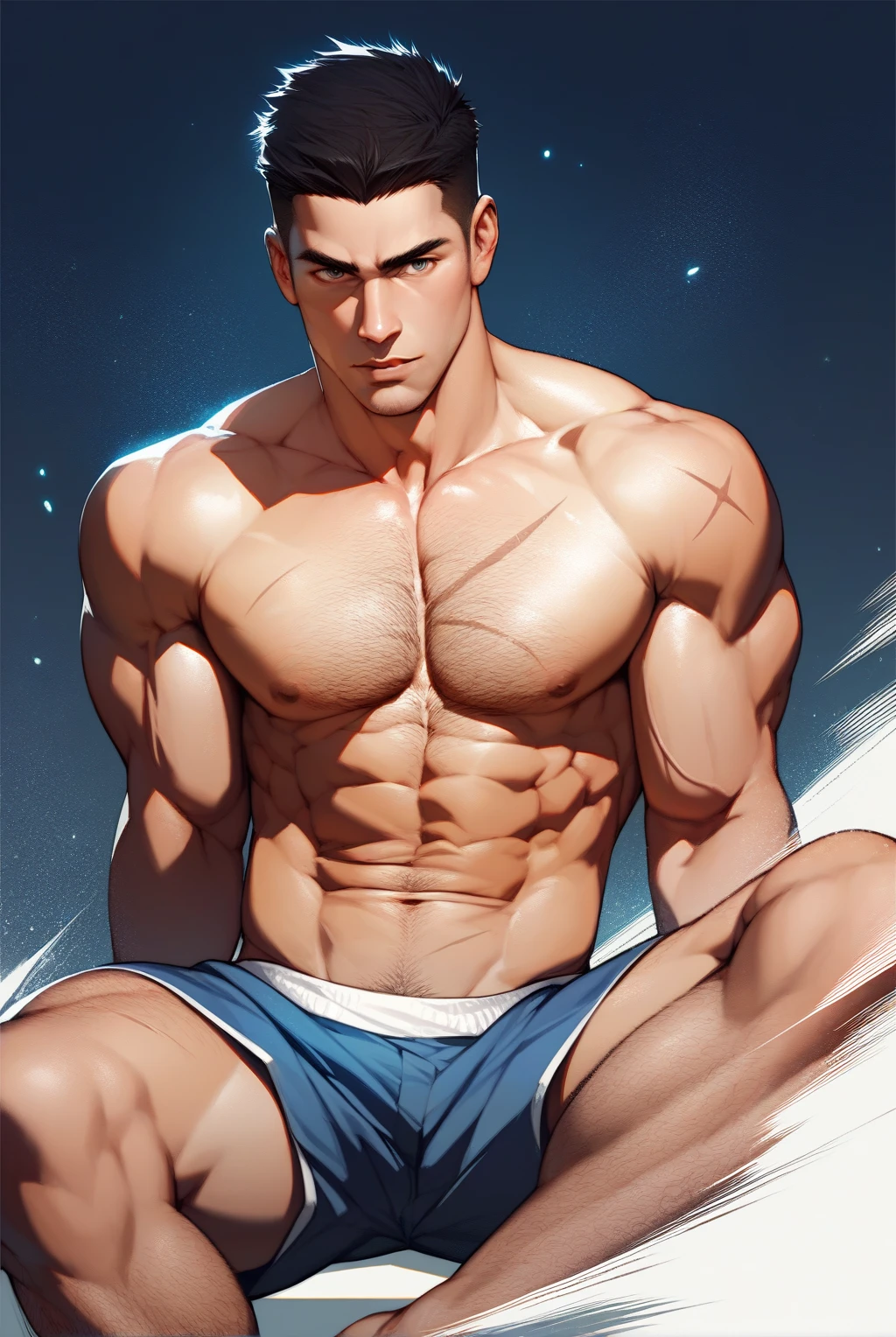Masterpiece, Best quality, face, Natural eyes, 1人, Solo, , White socks, full bodyesbian, large bulge, Long legs, view the viewer, Brave, musculous,Raised sexy,mature,tightsuit, short detailed hair, Red eyes, Topless, Shirtless, Open chest, Eight-pack abs, Sexy,(Masterpiece, Best quality), 1人, musculous, short detailed hair, with brown eye, 复杂, (dress room), full bodyesbian, vivd colour,(depth of fields:1.2),(Abs),looking at viewert,A piano,spread their legs,Anime characters in white wetsuits surf the ocean with surfboards,malefocus,Bulging crotch,Crotch bulge,Briefs,Muscle men,Apollo,Helios,Flame,sky ,,Thriller blockbusters,UHD resolution,Top quality,1 to 2,