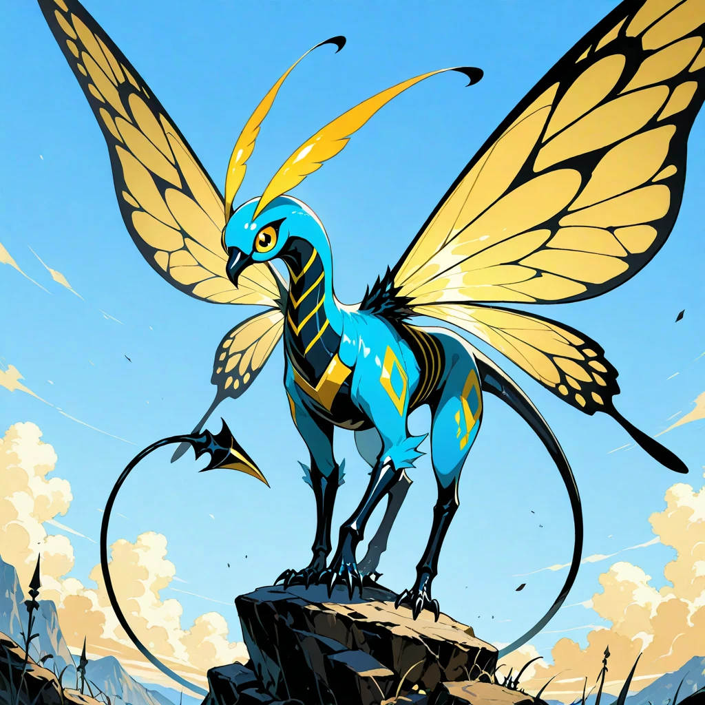 masterpiece, best quality, amazing quality, solo, creature focus, Adena - Blue Hurricane mothim with deep-blue rich-blue light-blue sky-blue and gold color palette