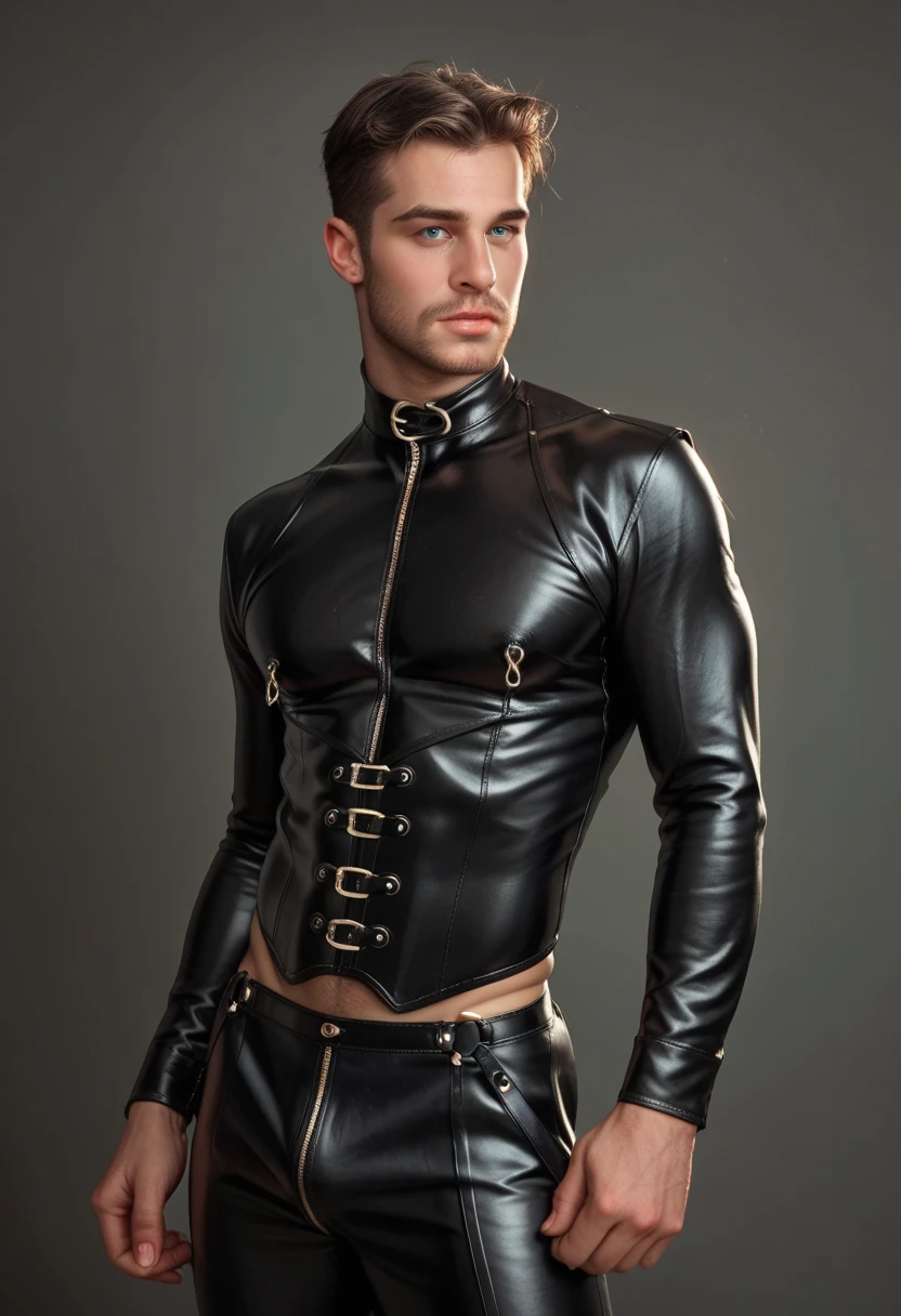 young beautiful man in a leather suit posing for a picture, a portrait inspired by Rudolf von Alt, leather jerkin, hard rubber chest, wearing a full leather outfit, black rubber suit, leather, leather clothing and boots, skintight leather clothes, rubber suit, leather clothing, gentleman, leather clothes under the armor, leather clothes vintage ,black male, homoerotic postcard of a beautiful young male nude, victorian hera, amid rays of light and clouds, fetish clothes, huge bulge dickprint and beautiful ass, luminous heavenly and ethereal colours, antique image, beautiful twink, bdsm, bondage, filigree, naked, leather fetish vintage acessories, victorian photography, nsfw huge butt and bulge, chaps pants, Shameless bench, provocative, daguerreotype, kinky dungeon