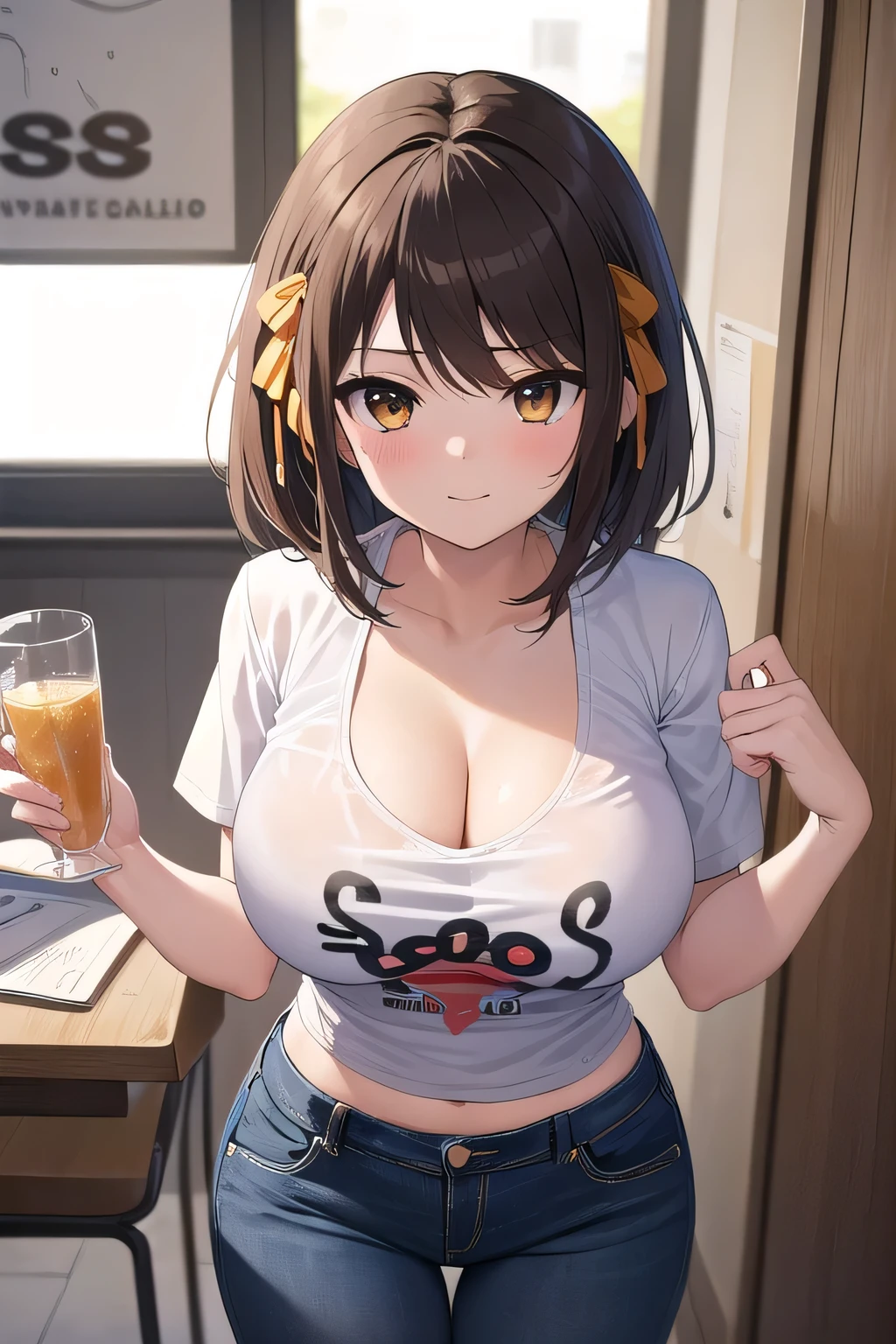 gym, exersice, hot, sweating, sweaty, tan, big boobs, tan skin, lifting, blush, white clothes, see thru,  black hair, ponytail, black hair , older girl,  in pain, sitting plump, white yogapants, white pants, plump, sitting, taking a break, drinking from a cup, drinking booze, drinking, boobs on table, beer, drunk, boobs resting on table, beet red, laughing, drunk, sitting on chair, smiling, close up, close up to face, voluptuous, voluptuous smile, , sexy smile, teasing smile, wink,