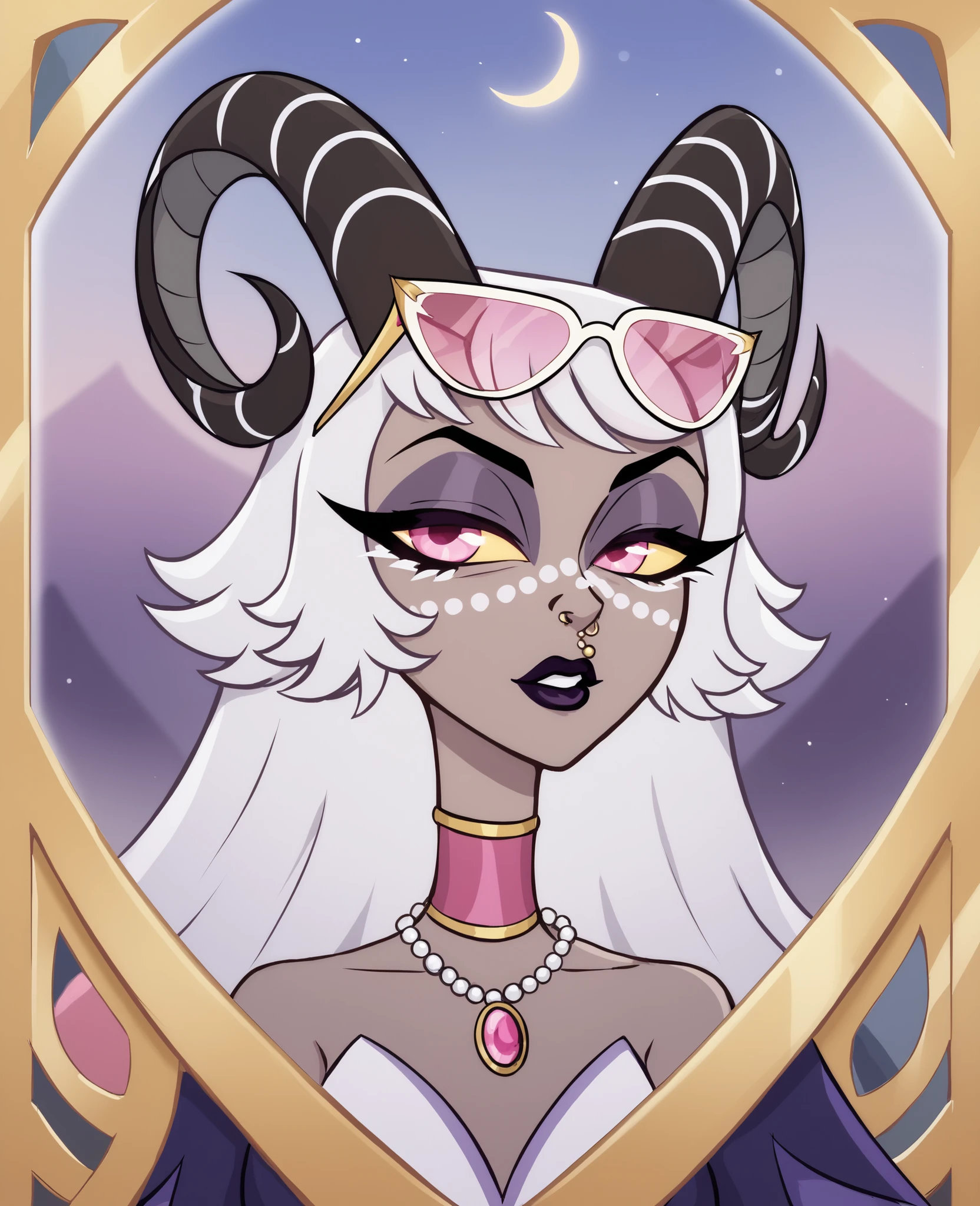This image shows an anime-style character with several unique characteristics. here's a detailed description: General Features : art style: Anime, with very soft lines and pastel colors. facial expression: The character seems melancholic or thoughtful, with half-closed eyes and looking forward. Race/Tipo: The character seems to be a demonic furry or a demonic hybrid with animal traits (possibly a goat or mythical creature). This is suggested by the horns and ears. Physical Traits: Cabelos: Longos, wavy light and white or blond, with some locks in pink tones. Pele: Cor clara, almost pale . Olhos: Grandes, with pink or reddish irises, transmitting a supernatural air. Chifres: Two large, curved horns, coming out of the head . Orelhas: Large and pointed , Looking like an animal (furry). Asas: There is a suggestion of wings on the back, with a translucent appearance , in shades of lilac or light gray. Accessories and Details: Decorative mask: Worn under the eyes, with bright pink details, perhaps made of pearls or stones. Piercings: The character has piercings at the bottom of the lips and under the nose. Colares: She wears necklaces with pendants in the shape of a crescent moon and spheres, plus jewelry on the horns and ears. Roupa: Wears a robe or pink fabric surrounding the body, leaving the shoulders visible. aesthetics: The image has sparkles and light effects that give off a magical air, ethereal and elegant.
