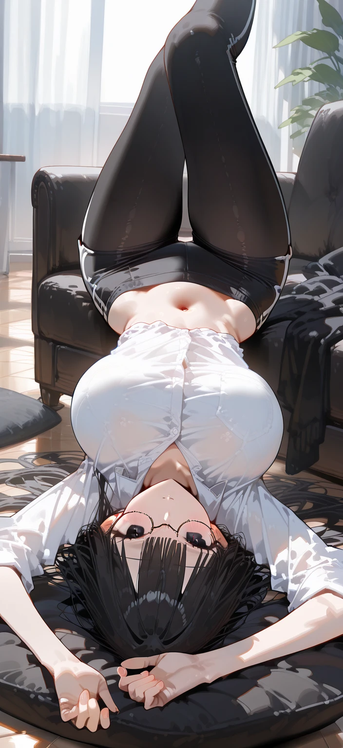 (master piece: 1.1) BREAK (nobarajk) BREAK wide hips, large breasts, thicc tighs, (wearing casual shirt, casual school skirt), showing panties, spreading one leg, detailed brown eyes, ((high detailed face)), lined face, fitness abs BREAK short brown hair, thick, (big thick legs), embarassed, white pantyhose, sexy pose BREAK sitting, bedroom, smile, side front view, above view,