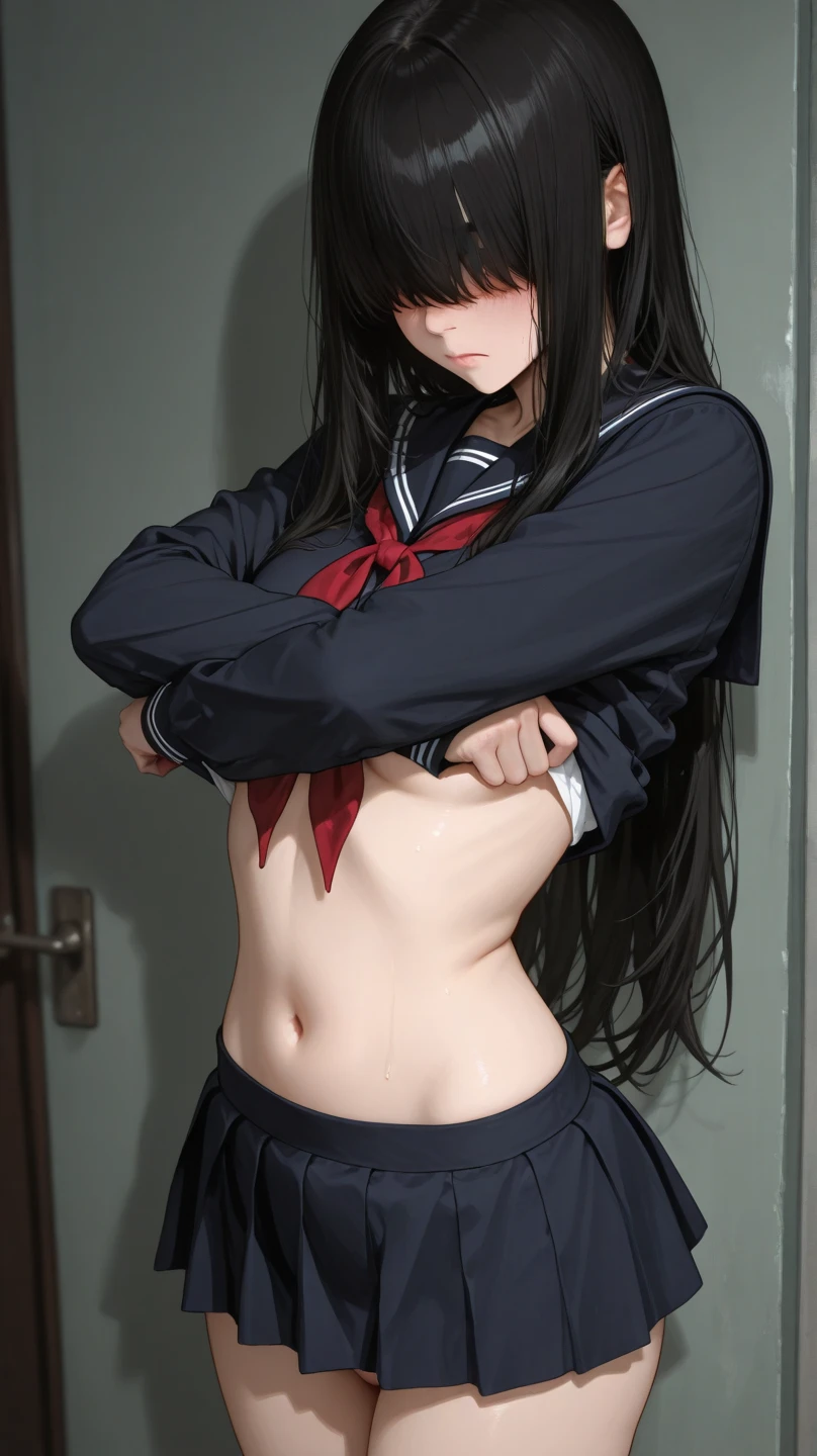 (Masterpiece of art, Top quality, best quality, Official art, beautiful and aesthetic), Extremely detailed, colorful, most detailed, (1 girl, Only), 18 year old beauty、Japanese、 female swordsman、black hair, long hair, blunt bangs, black eyes, skinny, (thin body, small breasts, sweat: 1.4), (torn clothes: 1.3,、sailor suit、pleated mini skirt),kneeling、holding a Japanese sword、Precisely drawn Japanese sword、