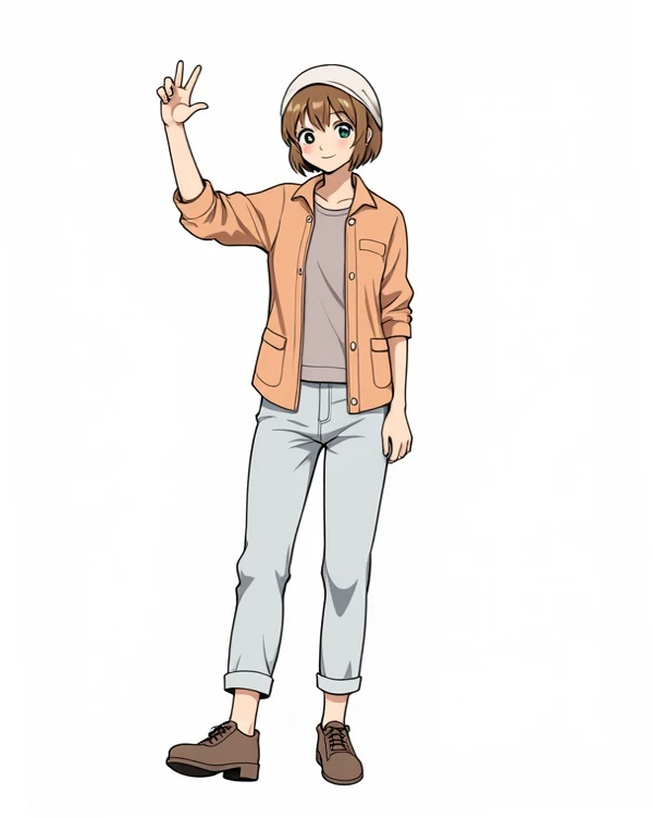 pretty girl, Beautiful hair, casual, Minimalist clothes, full body, cute ,Cute bangs,, loose-fitting clothing, anime manga, Female,blouse, High Quality, jacket, winter colors , Simple , invernam outfit, astetic , smile, 5 fingers, , super casual ,high resolution,