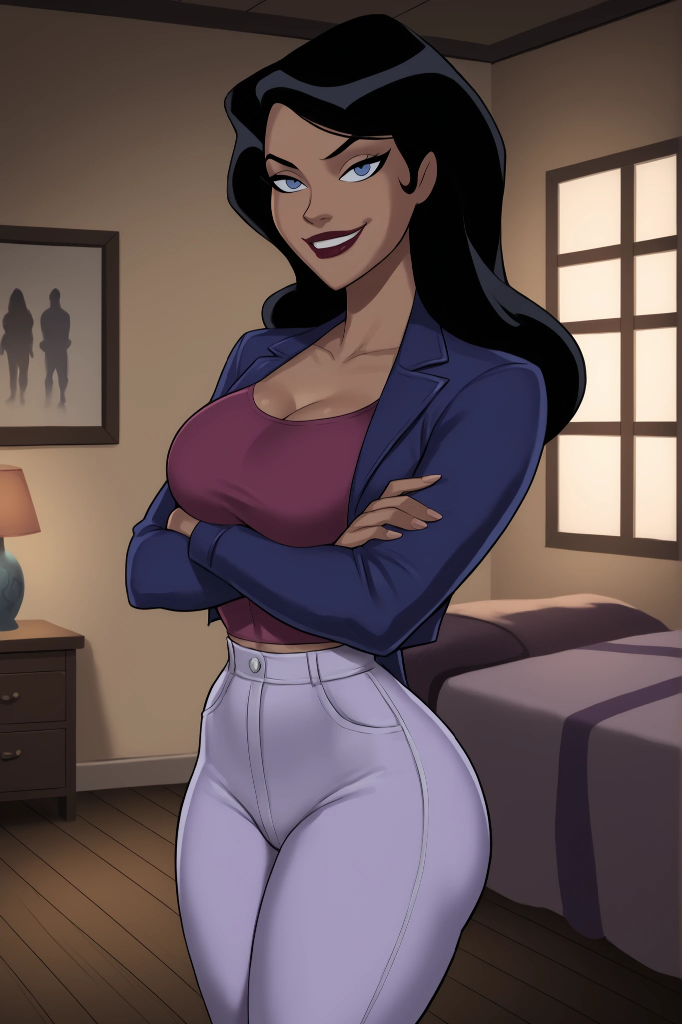 PonyXLV6_Scores BREAK ((parody) perfect anatomy, perfect eyes, cowboy shot), BREAK zatanna zatara, long hair, black hair, dark-skinned female, blue eyes, bright red lipstick, ((looking at viewer)), purple leather jacket, long sleeve, magenta crop top, purple jeans, large breasts, curvy, athletic, standing, indoors, smiling, happy expression, bedroom, arms crossed, crossed arms