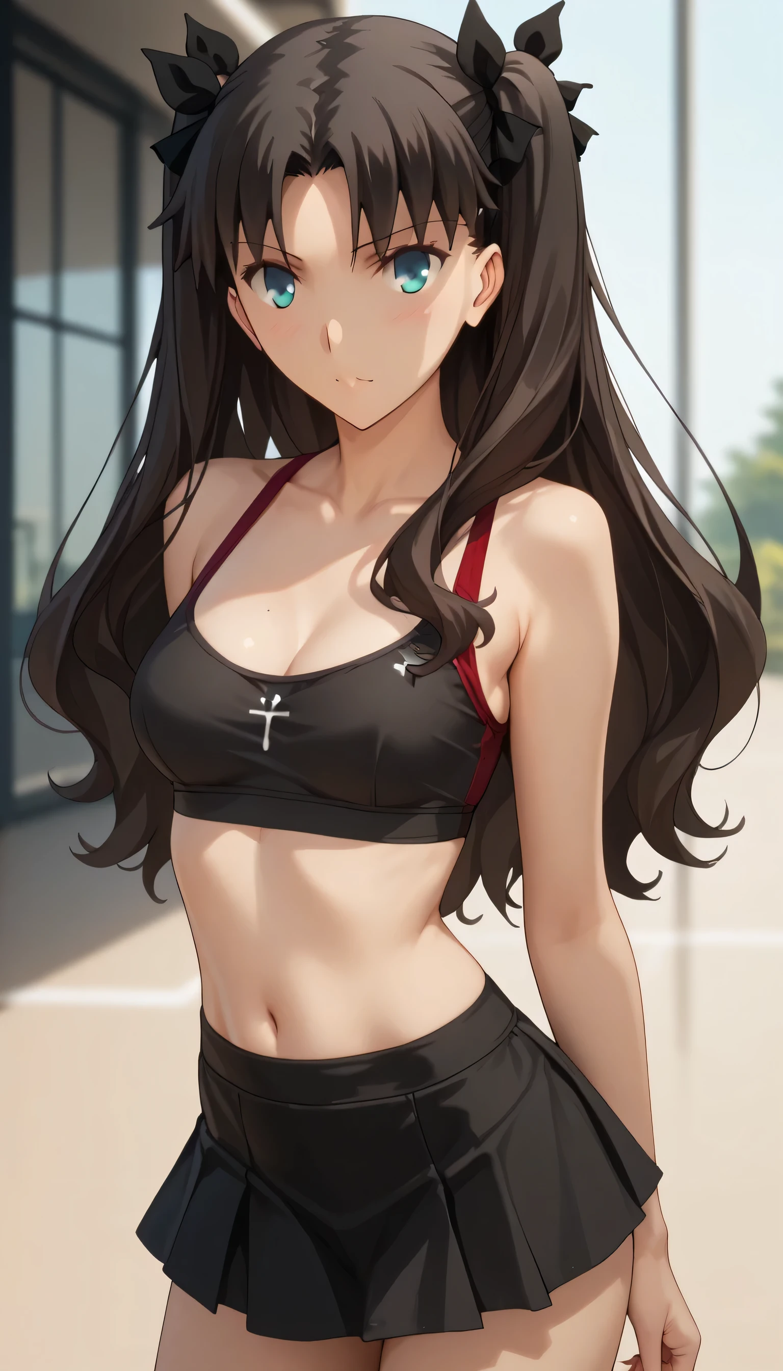 Tohsaka Rin, ideal female body, hot figure, firm breasts, medium sized breasts, sexy, black tight short sports top-bra, mini sports skirt