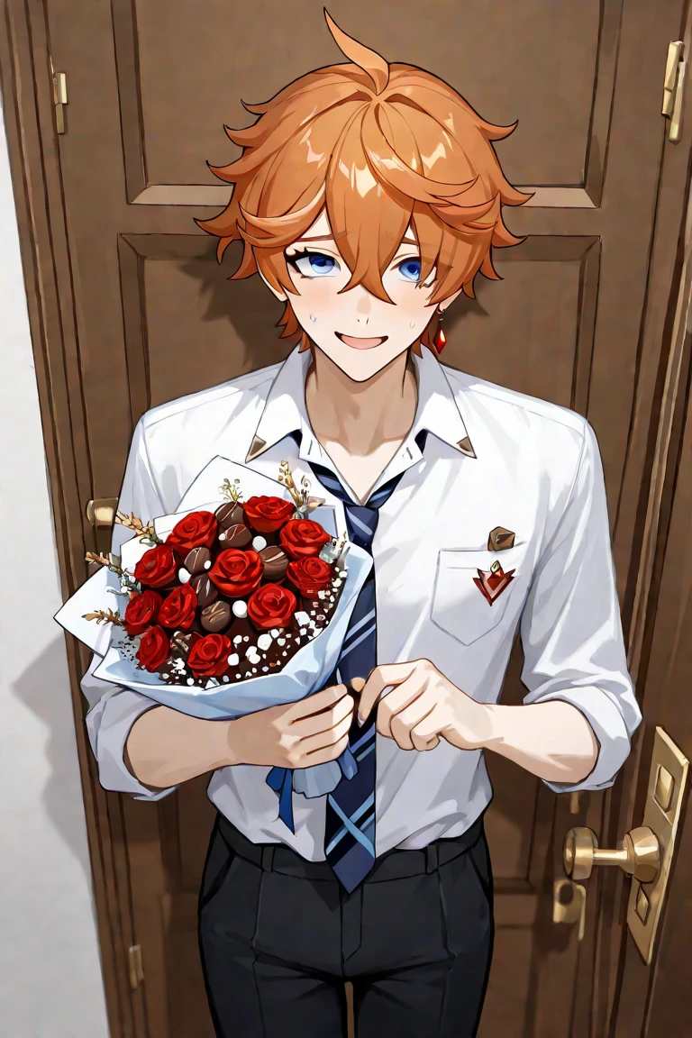 (masterpiece), best quality, expressive eyes, perfect face, balloon, shirt, jewelry, white shirt, happy birthday, smile, blurry, holding, looking at viewer, hat, earrings, bracelet, upper body, collared shirt, hair between eyes, depth of field, stuffed toy, light particles, parted lips, blurry background, star (symbol), confetti, dress shirt, akito_s