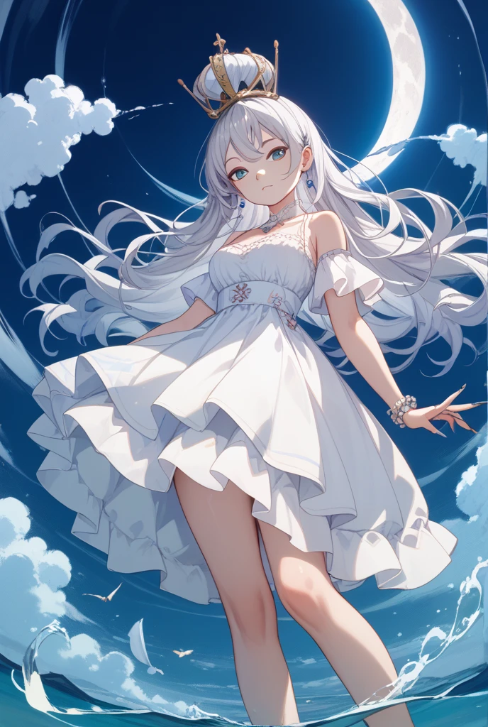 Girl Standing On Water、blonde、Wavy Hair、blue eyes、semi-long、apron dress、beautiful eyes、Sparkling、Standing Girl、one girl、14age、Beautiful scenery、moonlight、big moon in the background、high resolution、night view、The Lost City、long hair、barefoot、whole body、A blizzard of falling flowers、pretty fingers、beautiful feet、small breasts、girl in return、