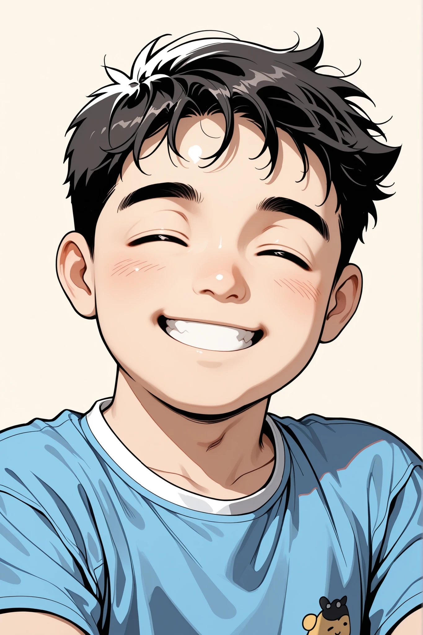 high quality, no background, smile, Closed eyes, chubby Korean elementary school boy, blue shirt, portrait, Waist Shot