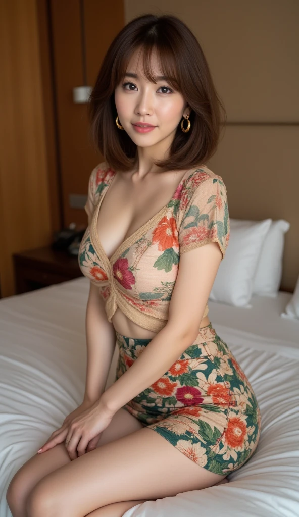 Masseter muscle part, highest quality, masterpiece, High resolution, Photoreal, Raw photo, 8k wallpaper, perfection, professional lighting, very detailed, Depth of bounds written, ((one beautiful woman)), ((30 year old sexy woman)), (in the hotel lobby), ((Gorgeous patterned dress in bright colors)), ((look into the viewer's eyes)), detailed face, beautiful eyes, (Stand with correct posture), (facing the front), well-shaped bountiful breasts, cleavage, (sexy look), light brown straight hair, (thick lips), ((arm between legs)),Standing position that shows the whole body,