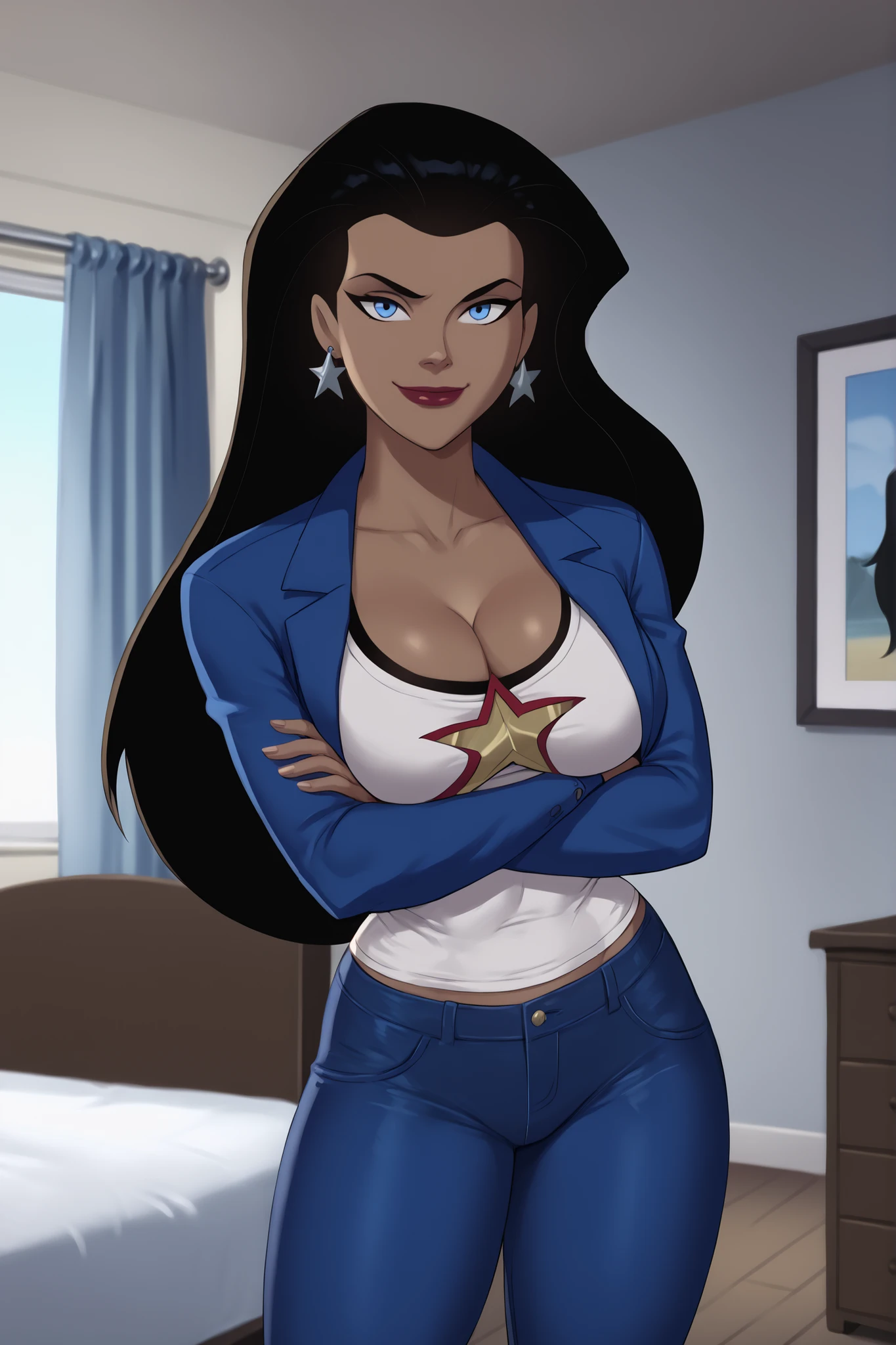 PonyXLV6_Scores BREAK ((parody), perfect anatomy, perfect eyes, cowboy shot), BREAK diana prince, long hair, black hair, blue eyes, bright red lipstick, dark-skinned female, ((looking at viewer)), cleavage, blue leather jacket, blue crop top, blue jeans, earrings, large breasts, curvy, athletic, indoors, standing, happy expression, smile, closed mouth, bedroom, crossed arms, arms crossed, star print