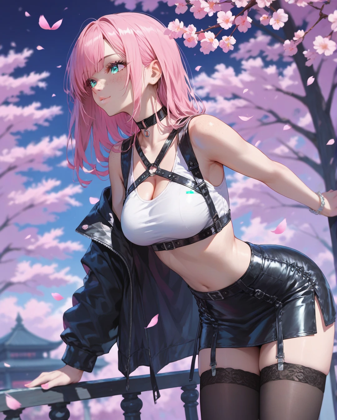 ((highest quality)),(ultra high resolution),(Super detailed),(detailed description),((best CG)),(best work of art),super precision art,great drawing art,(Art with precise details:1.5), (one girl:1.8),(beautiful and well-shaped face:1.5),(Clear eyes:1.5,(pink lipstick:1.6),(Wet body:1.6),(smile:1.6),(mini skirt:1.4),(Absolute area:1.5),(Beautiful leg lines:1.5), (Exquisite and detailed outdoor scenery:1.7),