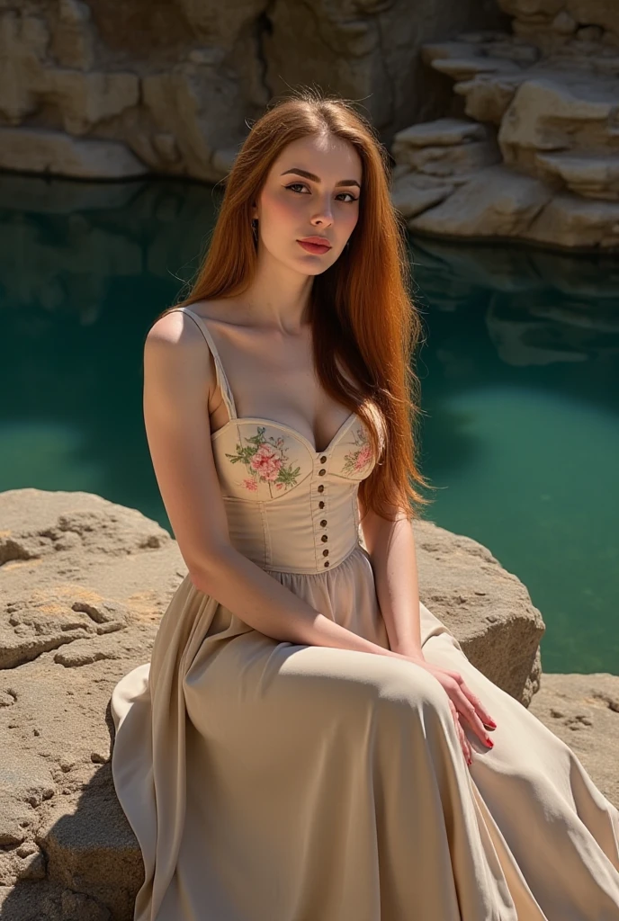 Gorgeous redhead woman with a wonderful face ,a magnificent outfit from the Louis Vuitton brand,magnificent Louis Vuitton jewelry and a lake background