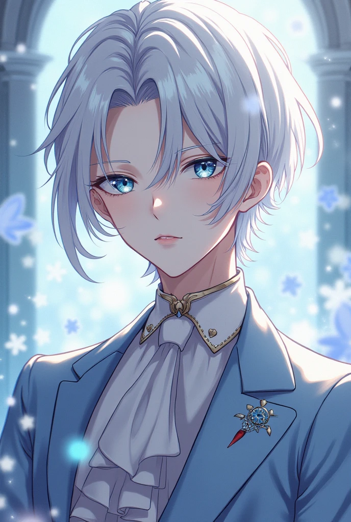 Male anime character with white hair, blue eyes, like an elegant prince, looks gentle and sexy, white skin, not big, slim figure.