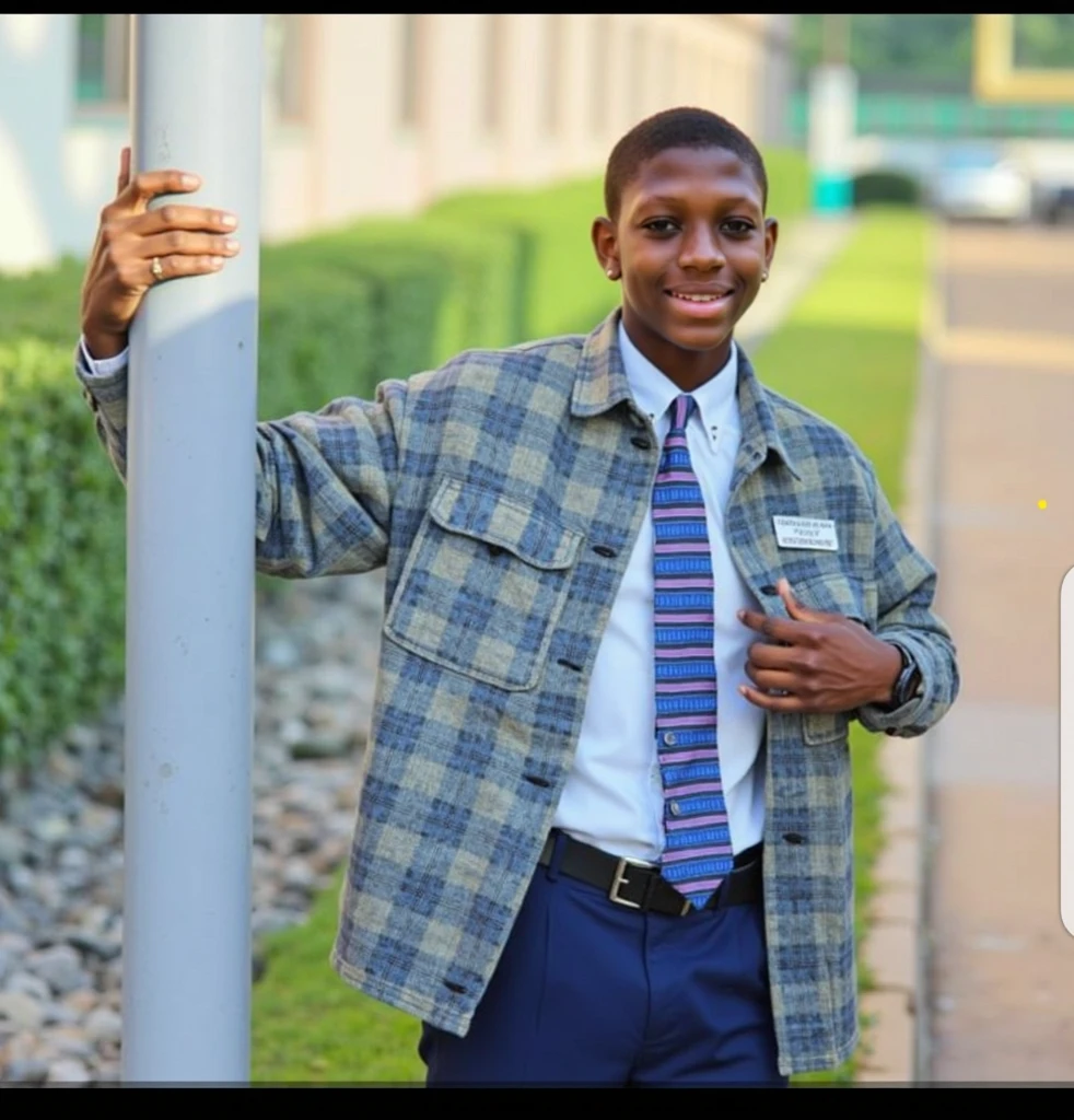 a 15-year-old thin and dark-skinned man with a buzz cut, the background being a Mormon church, and he is dressed in missionary clothes