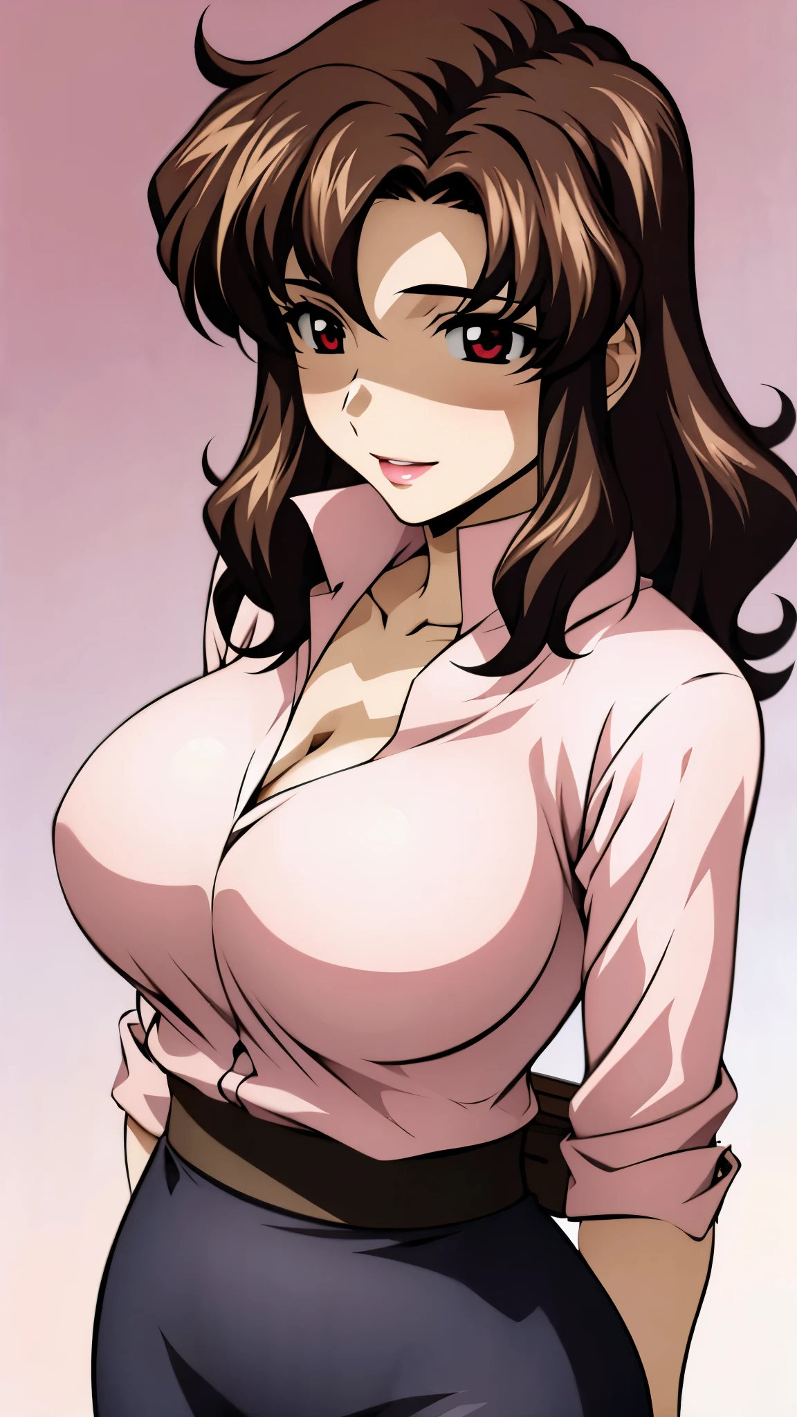 (SUPER QUALITY,super high resolution,16k,super masterpiece, ,detailed shading and background,)sexy mature woman,long brown hair,Pink shirt with a large collar and straight sleeves,red pencil skirt,cleavage,necklace,Big Breasts,blush,with a maternal smile,Glossy, thick lips,夕方の砂浜,Strong winds,Hair lifts ,