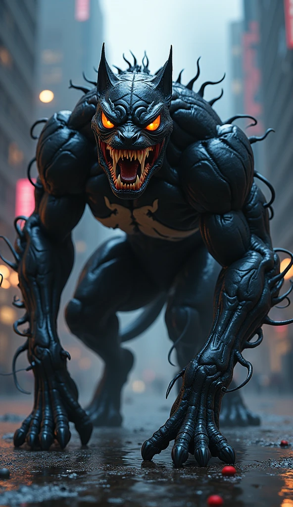 a fearsome, muscular superhero, venom symbiote, veiny skin, sharp fangs, long tongue, glowing white eyes, black and white costume, web slinging, dynamic pose, cityscape background, cinematic lighting, dramatic shadows, moody colors, hyper detailed, photorealistic, 8k, masterpiece