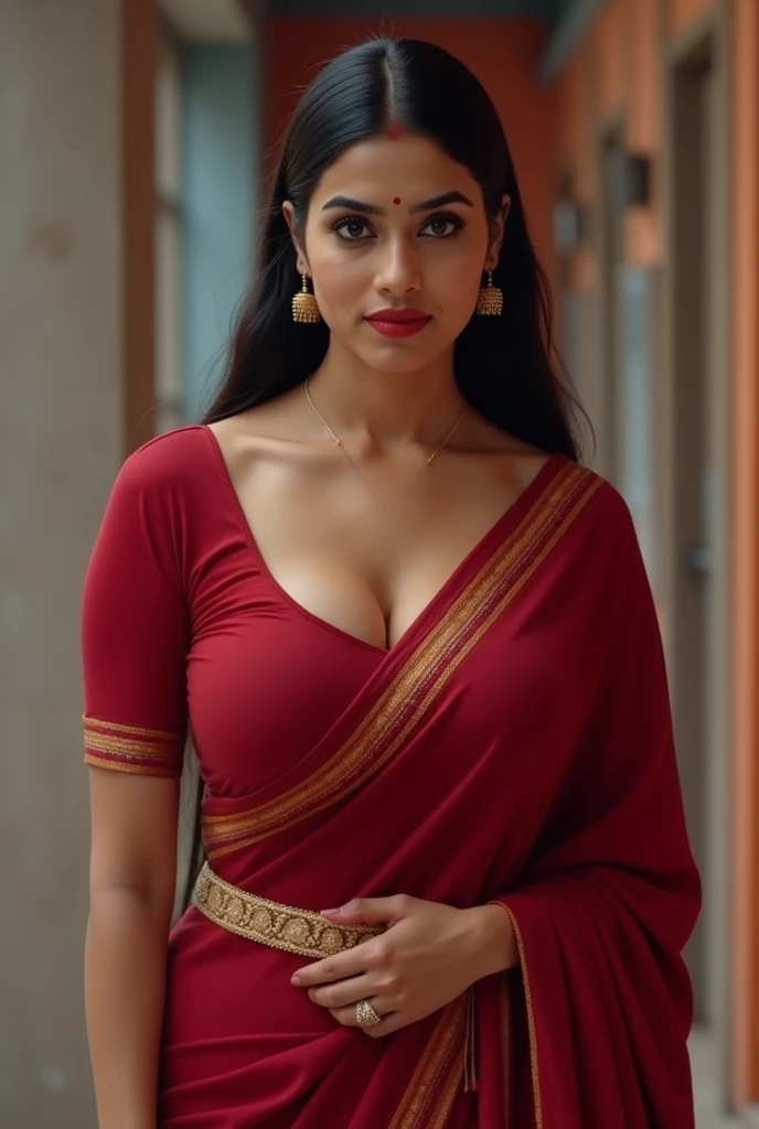 A very close picture of Indian, winding, hourglass figure, massive Breasts swoop, no bra, visible nipples, bend down and hanging breasts, Shows deep cleavage, Kneeling in ceremonies, French braid hair, necklace, Sexy maroon saree and not wearing bra, Sultry, Alluring eyes, Look at the viewer and smile, (Cinematic:1.3), Complex details, (ArtStation:1.2