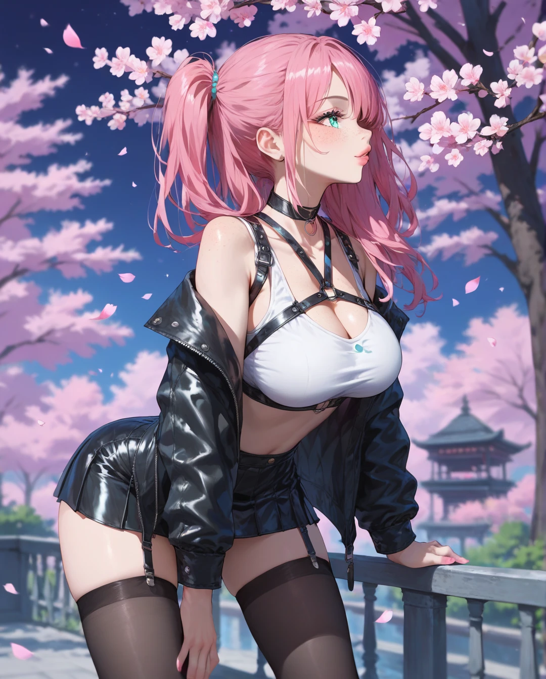 ((Masterpiece)), (Best Quality), (detailed), 1 girl,
looking at the viewer,  (lipstick:0.75), Leaning forward,
long pink hair, two tails,
colorful thighs,
winter, vivid colors,
