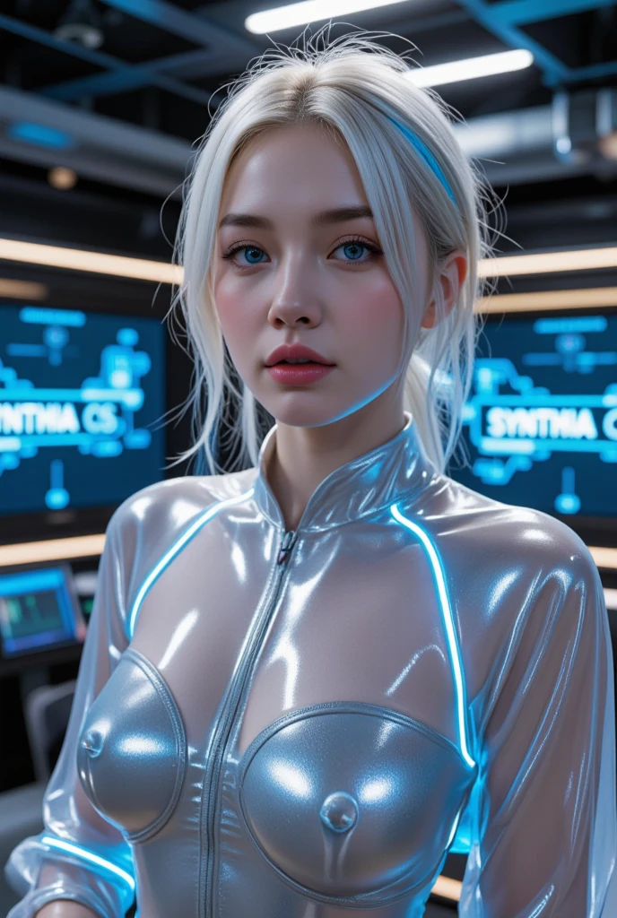 (Browsing Caution:1.5), masterpiece, Highest quality, Ultra-realistic, Avant-garde, A mysterious and sophisticated young Japanese woman with blue eyes、Wearing tight fashion art. She is standing in a selfie wide angle。, Her whole body is in the frame. Her costume includes、Multiple elastic white LED harnesses are designed underneath、And lead the hem, Add a minimalist aesthetic. Her manner exudes harmony and striking simplicity.. Very small head and face, Happy, Wide duck mouth, Mouth half open, Perfectly aligned teeth, perfect beautiful teeth, Bright Blue Eyes, Half-open eyes, Shiny droopy eyes, Gray Hair, Look for others, She is located inside a futuristic colony, break (Very small waist:1.2), (Huge breasts, Cleavage, Big Ass:1.5),Long Hair, Center parted hair、