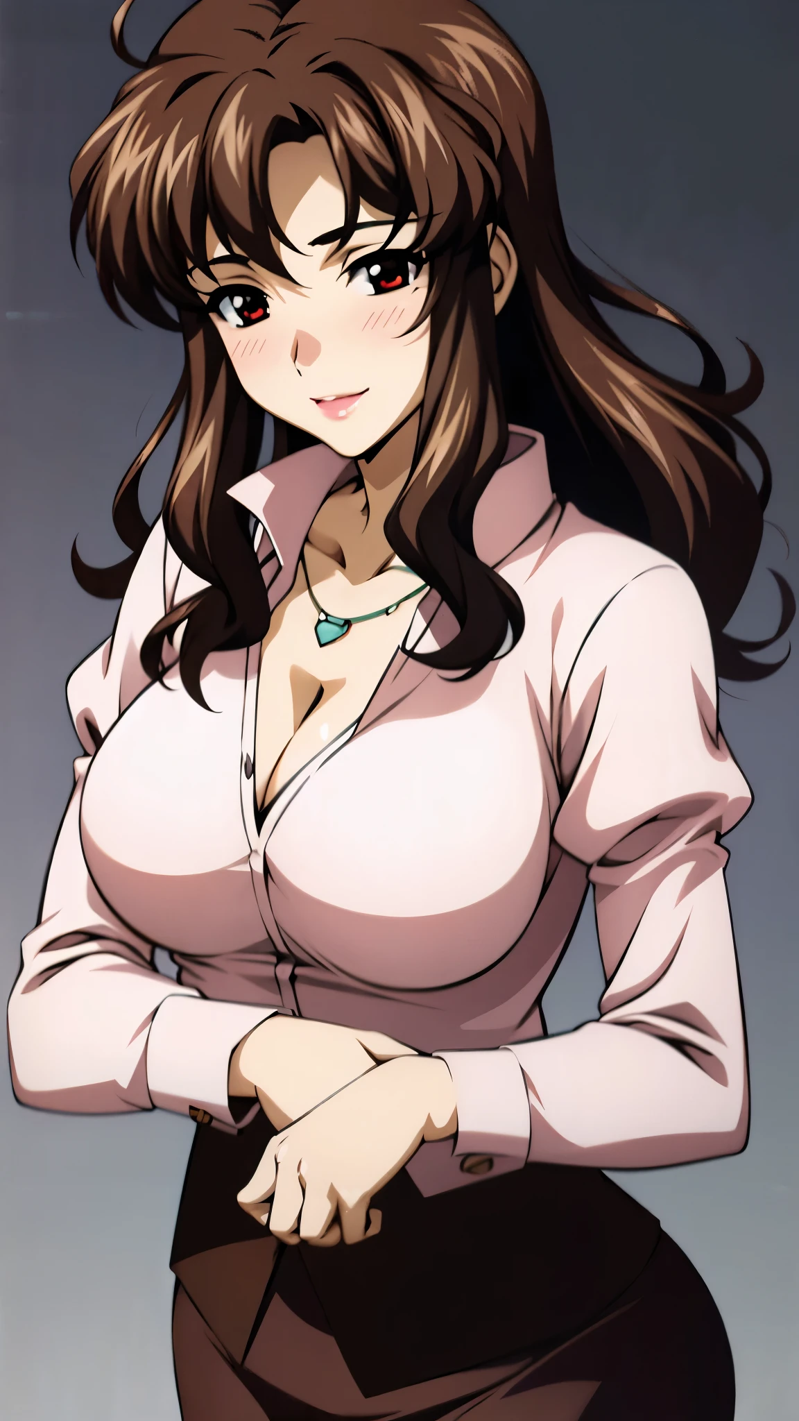 ((super high quality,Ultra-high resolution,16K,super masterpiece,Ultra HD ,Detailed shading,))On top of a hill lit by the setting sun,One sexy mature woman,((popped Tight collar Pink shirts,Cleavage,))Folded sleeves,Red pencil skirt,Looking into the camera,Brown medium long hair,smile,blush,Thick lips,Sweaty,