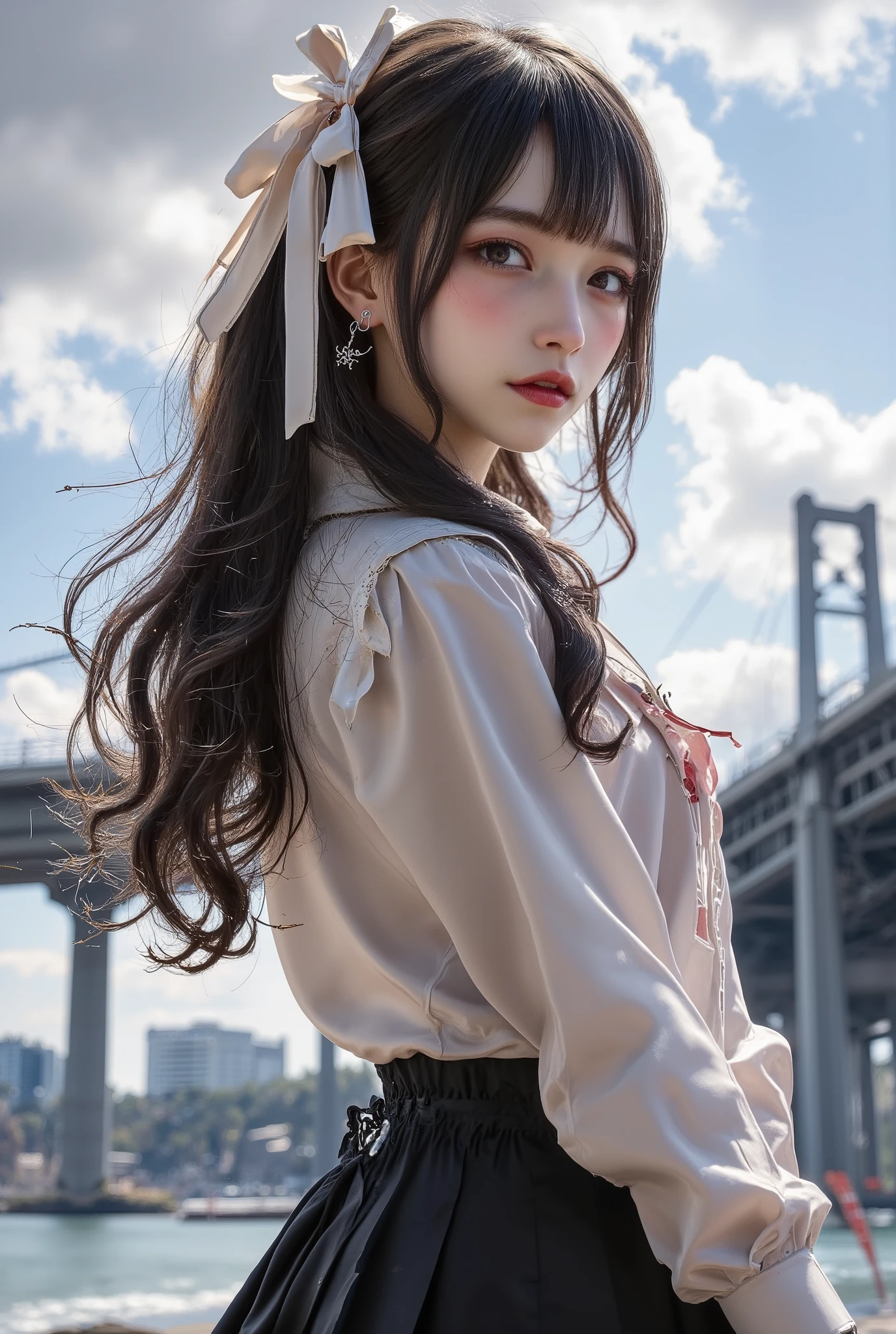 masterpiece,((ligne claire)), limited palette,best quality, flat color, low contrast, ((1girl)),(((an extremelydelicateandbeautifulgirl))),(beautiful detailed face),(beautiful detailed eyes),{long hair},hair ornamen,((middle breasts)),long black hair,hair ribbon,school uniform , standing,((looking at viewer:1.6)), view from below,beautiful detailed sky,bright sky,cloudy sky,sunlight, (detailedlight),lighting,colorful,ocean,beach, bridge,way to school,sky scraper, autumn, haze