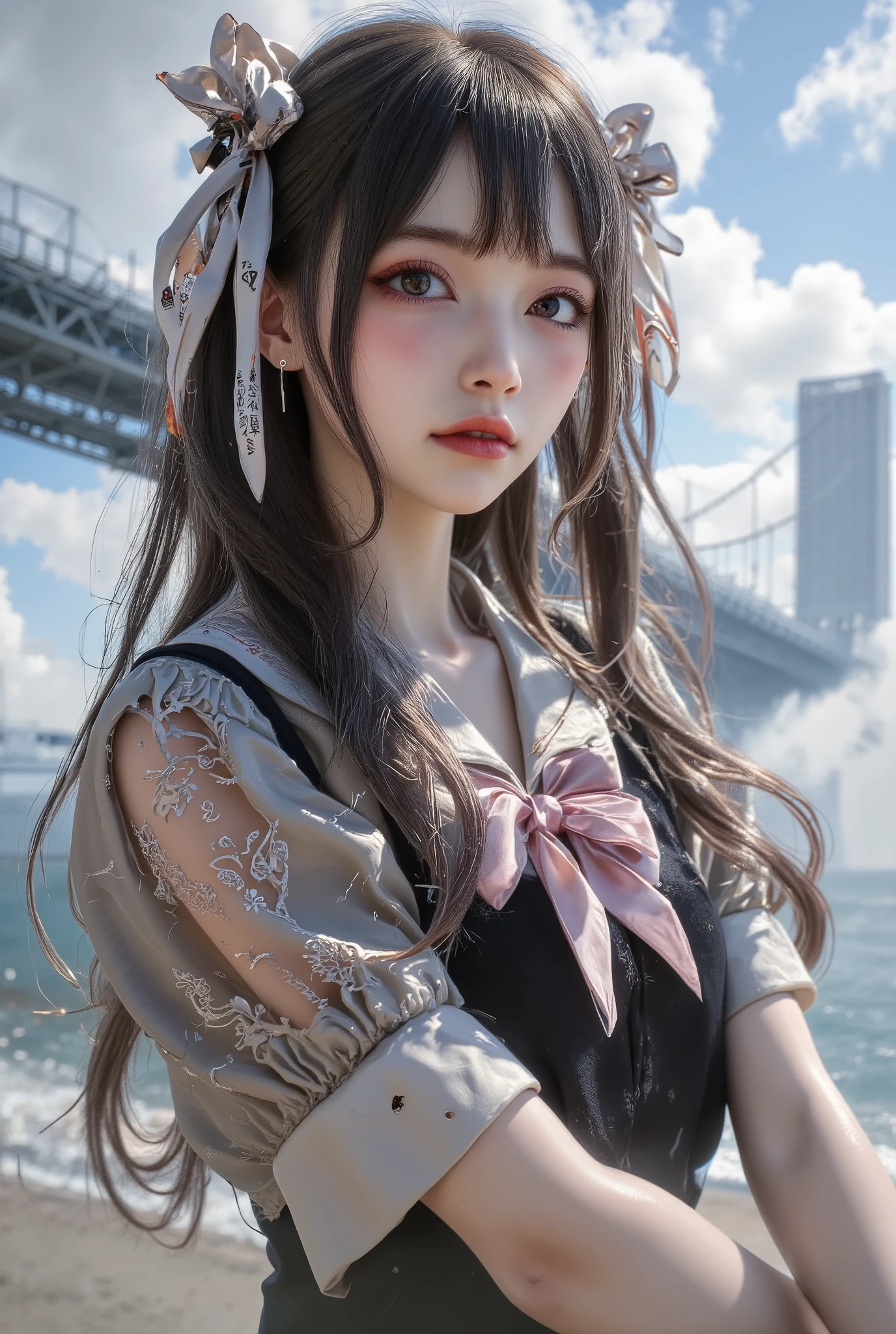 masterpiece,((ligne claire)), limited palette,best quality, flat color, low contrast, ((1girl)),(((an extremelydelicateandbeautifulgirl))),(beautiful detailed face),(beautiful detailed eyes),{long hair},hair ornamen,((middle breasts)),long black hair,hair ribbon,school uniform , standing,((looking at viewer:1.6)), view from below,beautiful detailed sky,bright sky,cloudy sky,sunlight, (detailedlight),lighting,colorful,ocean,beach, bridge,way to school,sky scraper, autumn, haze