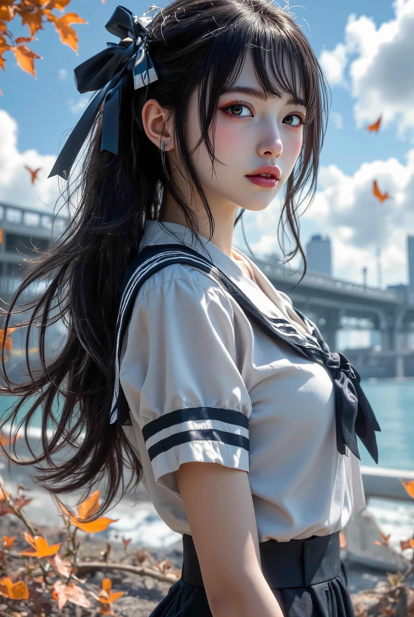 masterpiece,((ligne claire)),  limited palette,best quality, flat color, low contrast, ((1girl)),(((an extremelydelicateandbeautifulgirl))),(beautiful detailed face),(beautiful detailed eyes),{long hair},hair ornamen,((middle breasts)),long  black hair,hair ribbon,school uniform , standing,((looking at viewer:1.6)), view from below,beautiful detailed sky,bright sky,cloudy sky,sunlight, (detailedlight),lighting,colorful,ocean,beach, bridge,way to school,sky scraper, autumn, haze
