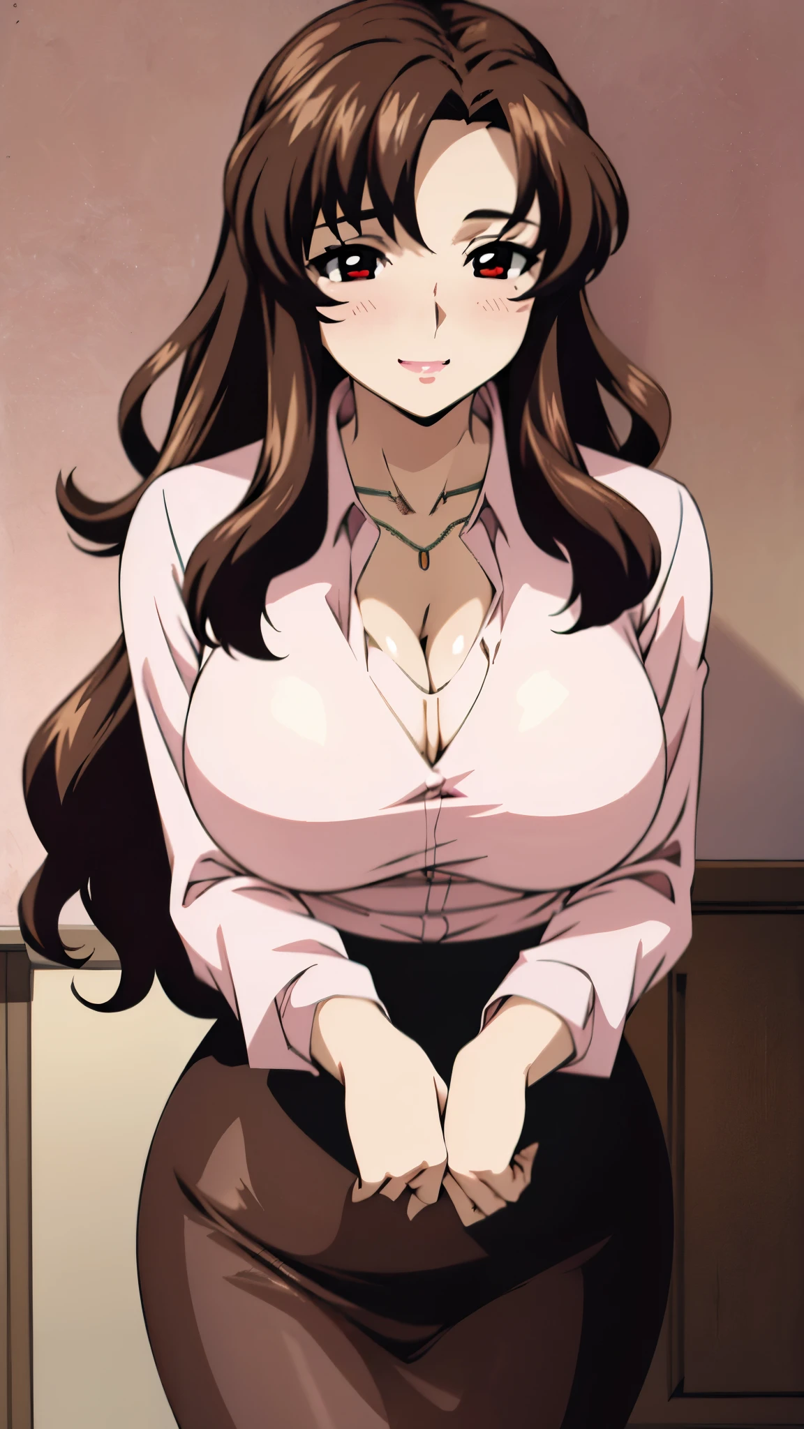 open her legs, open her hands, want to give a hug, sitting at chair, (white nurse outfit), nurse hat on her head, at medical office room, medical room background, mei terumi, 25 yo, mature women, solo, takeda hiromitsu style, anime cels style, best quality, high resolution, (large breasts:1.3), cowboy shot, blush, smiling, slim body, long hair, brown hair, green eyes, ((hair over one eye)), pink lipstick