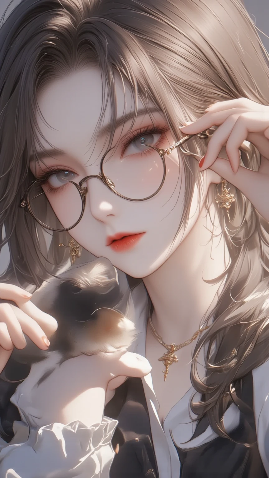 (((1人の女性)))、(Top resolution、Distinct_image) best qualtiy、(((holding cat)))、((sideways Facing))、​masterpiece、ighly detailed、Semi-realistic、Brown hair、eye glass、Braided hairstyle、A smile、bangss、21 years old、Mature、年轻、White blouse、delicated facial features、Facial features、mid-shot、