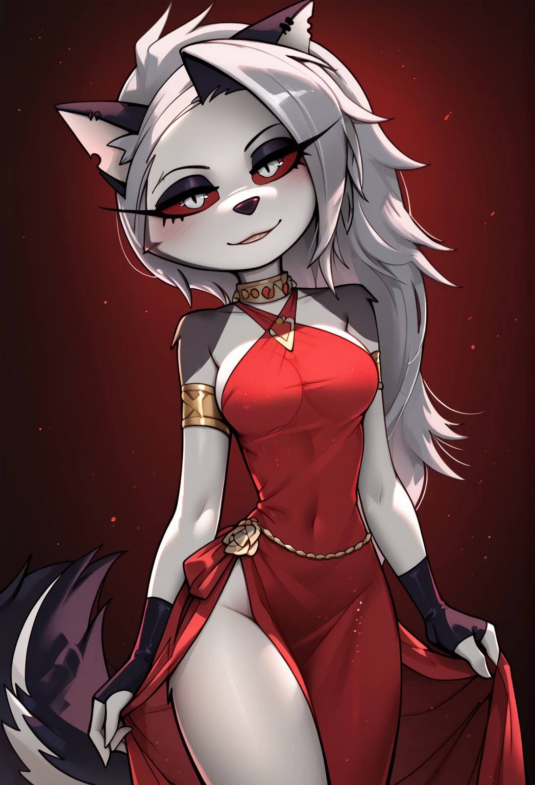 (best quality,4k,8k,highres,masterpiece:1.2),ultra-detailed,(realistic,photorealistic,photo-realistic:1.37),red eyes,furry,wolf girl,(beautiful/detailed eyes:1.1),feminine face,long lashes,(red clothing:1.1),(qipao,cheongsam:1.1),flowing chiffon,(jewelry/accessories:1.1),well-proportioned body,(thick thighs:1.1),Loona-inspired,(reasonable structure:1.1)