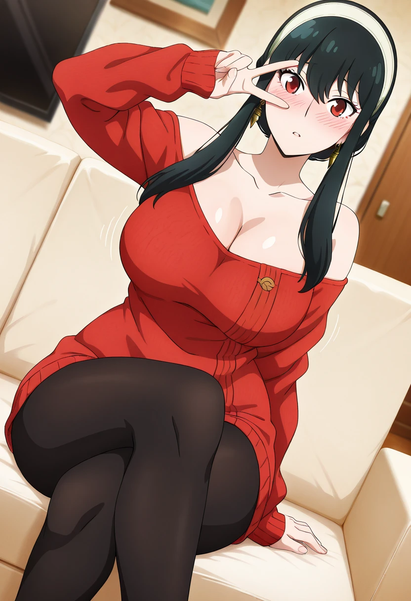 red_jacket:1.2), standing , cowboy shot, thick body, tight_fitting_red_sweater, white_headband, long_sleeves, heart_necklace, pantyhose, earrings, jewelry, gem, bangs, red_eyes, long_hair, black_hair, 1 girl, 20yo, Young female, Beautiful Finger, Beautiful long legs, Beautiful body, Beautiful Nose, Beautiful character design, perfect eyes, perfect face, expressive eyes, perfect balance, looking at viewer, slightly open mouth, surprised expression, laying down on couch, in personal office, sunset lighting, close up face image, pov from above, messy hair, half closed eyes, ((extremely busty, extremely wide hips, extremely big ass)),